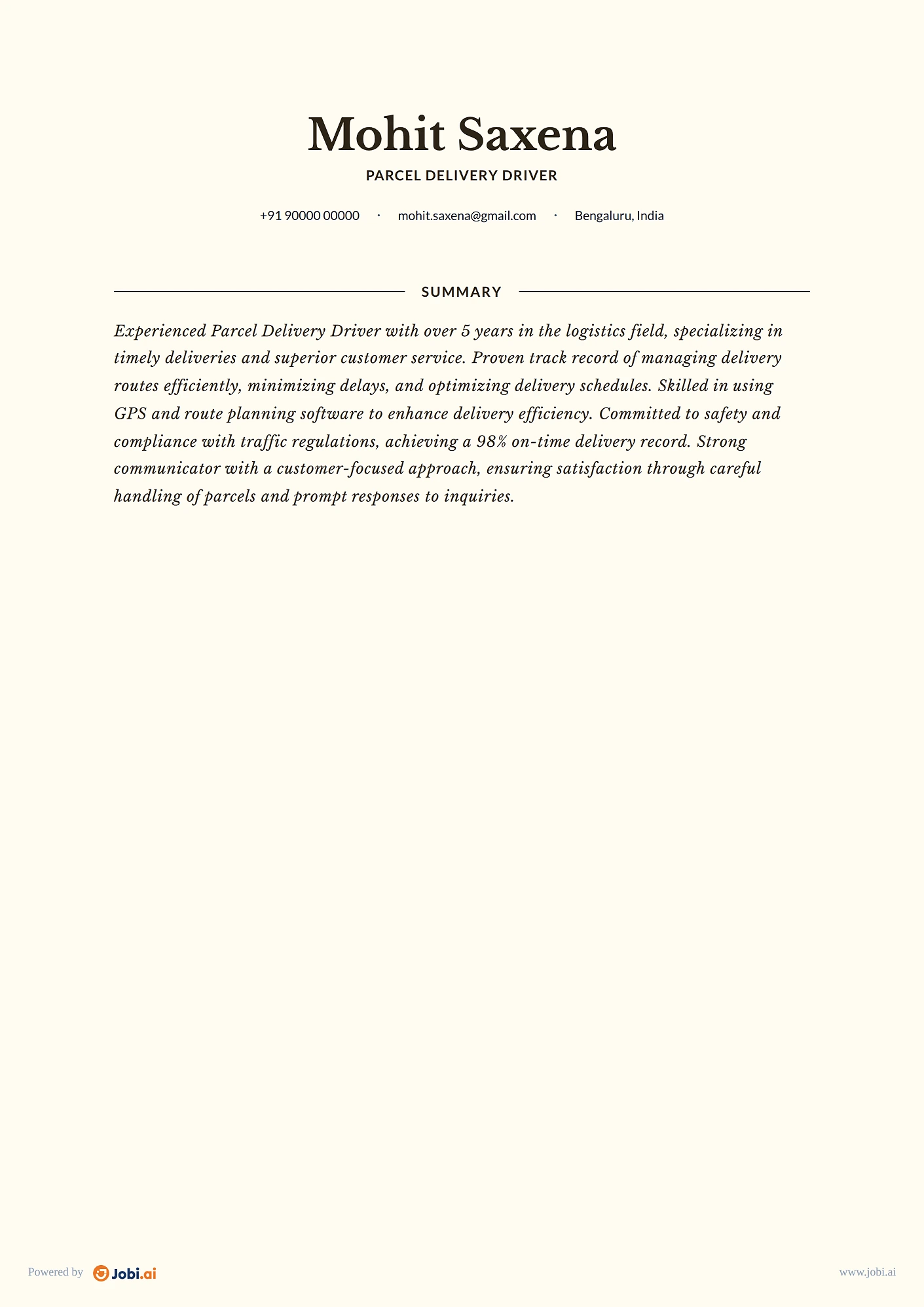 Delivery Driver resume example — Parcel Delivery Driver
