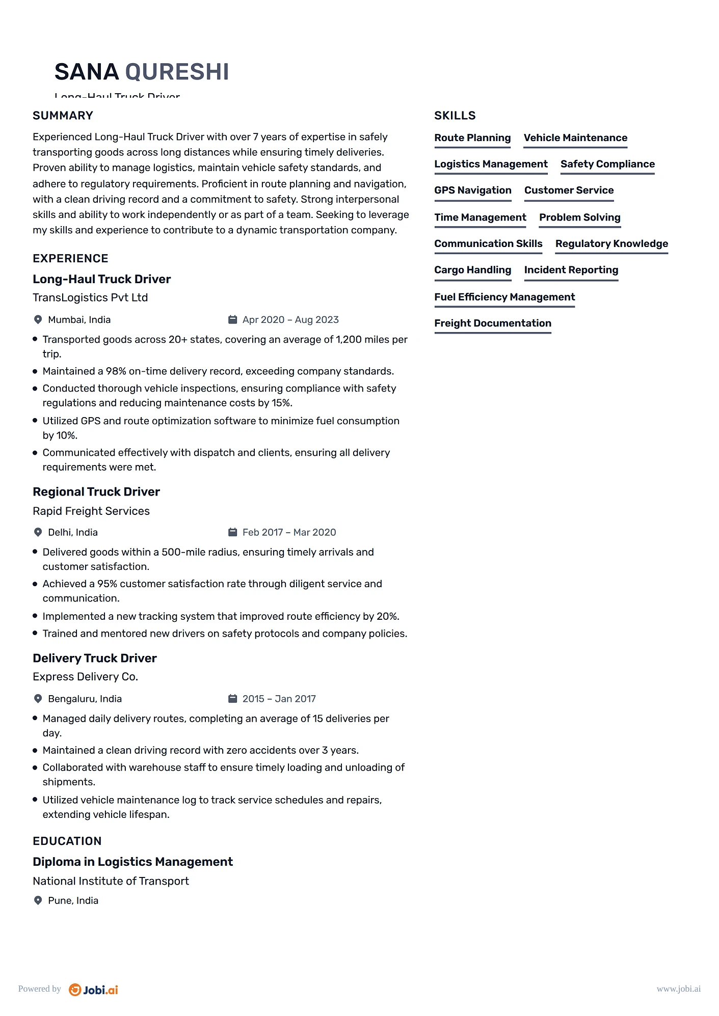 Delivery Driver resume example — Long-Haul Truck Driver