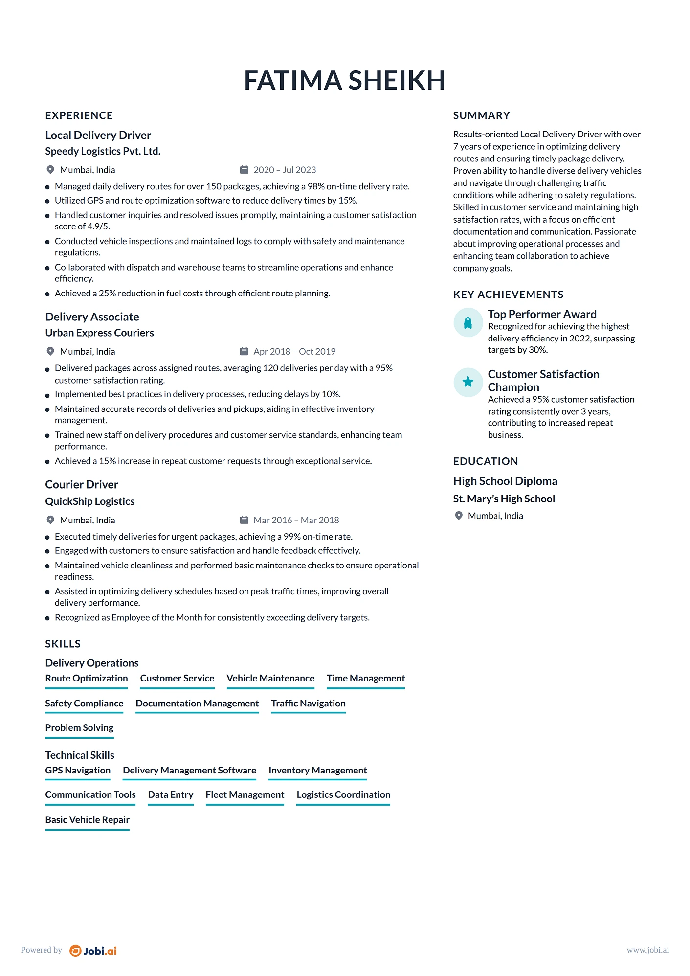 Delivery Driver resume example — Local Delivery Driver