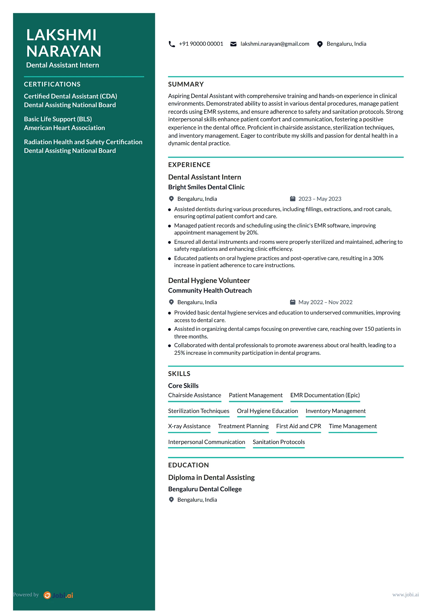 Dental Assistant resume example