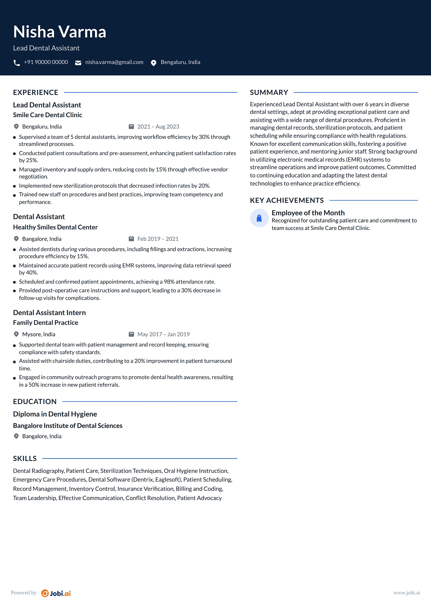 Dental Assistant resume example — Lead Dental Assistant