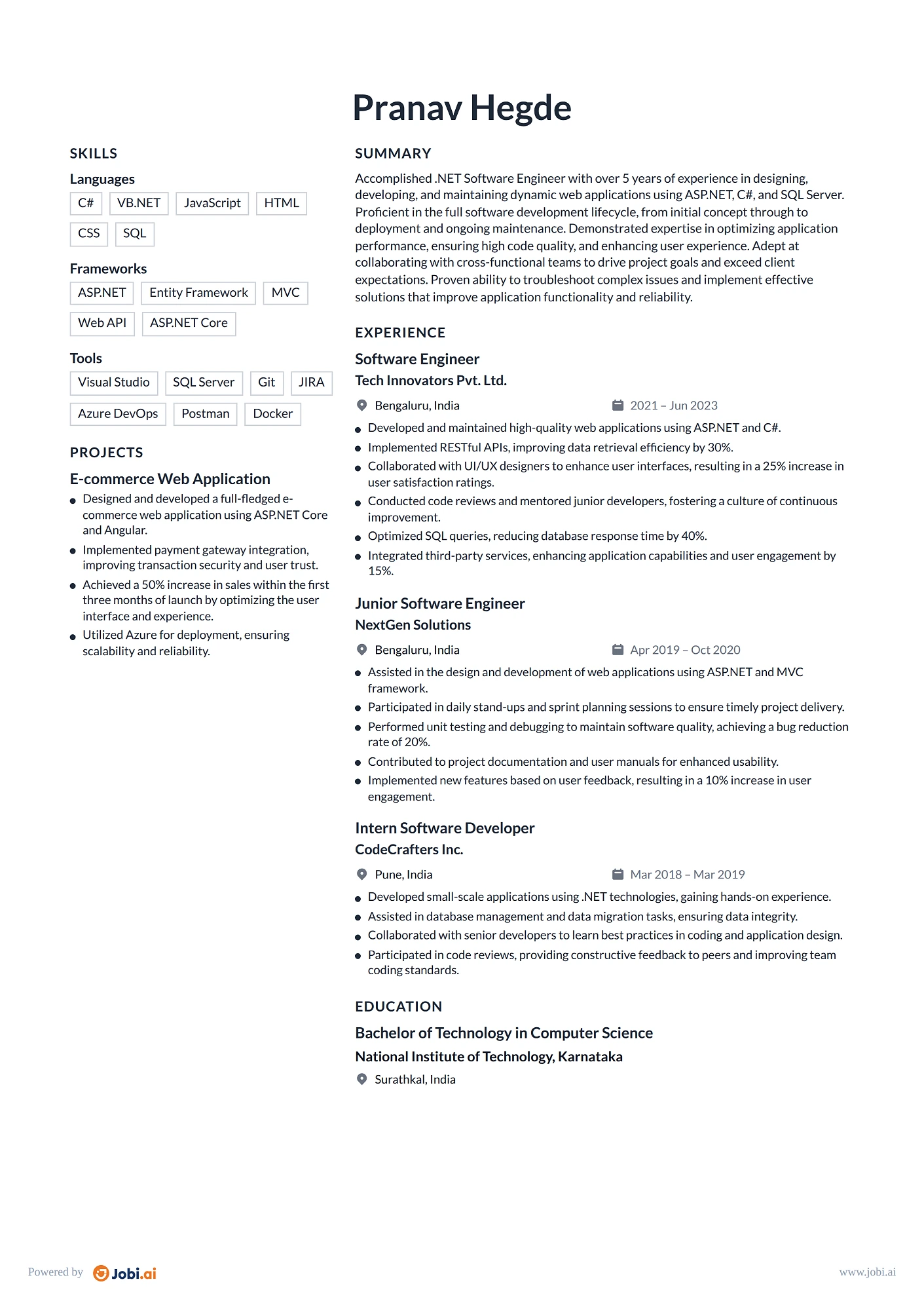 .NET Developer resume example — Software Engineer - .NET