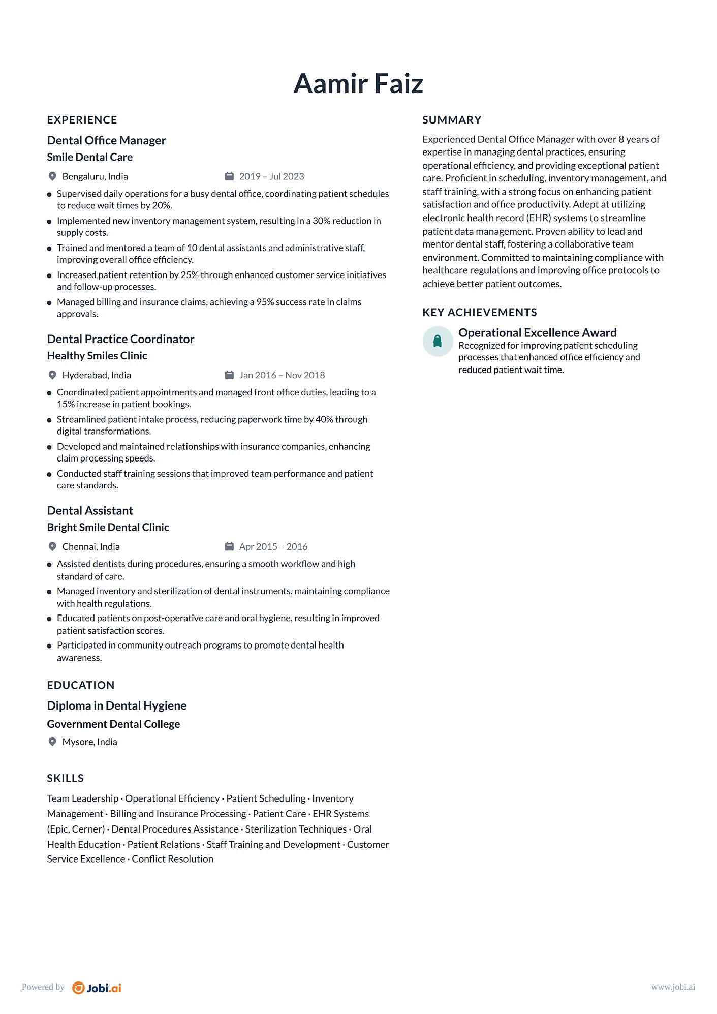 Dental Assistant resume example — Dental Office Manager