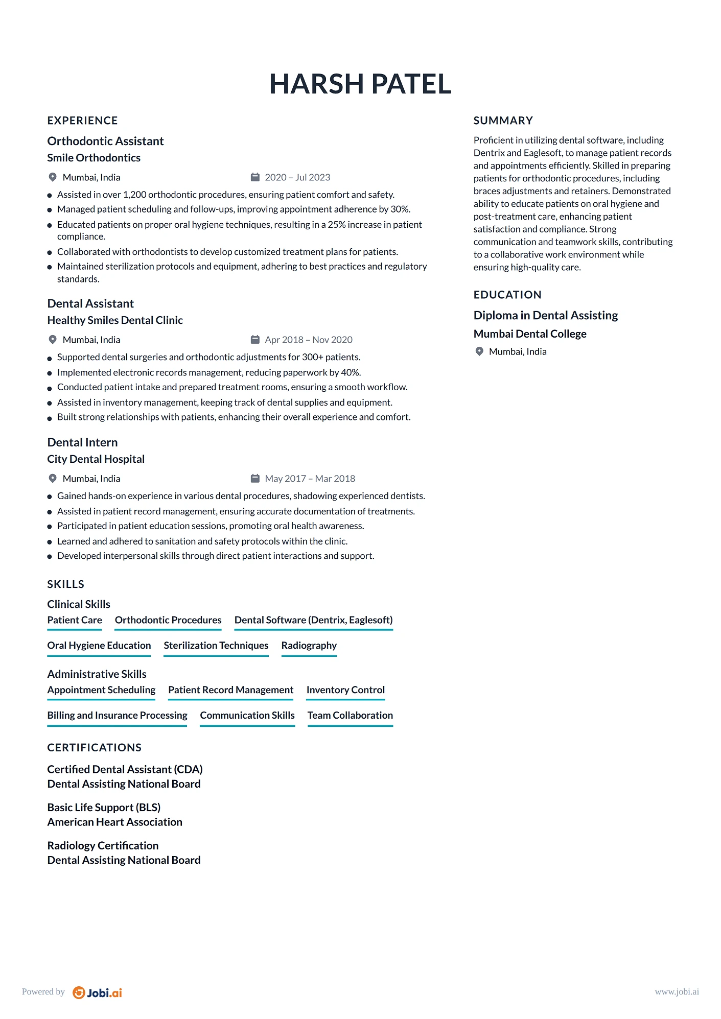 Dental Assistant resume example — Orthodontic Assistant