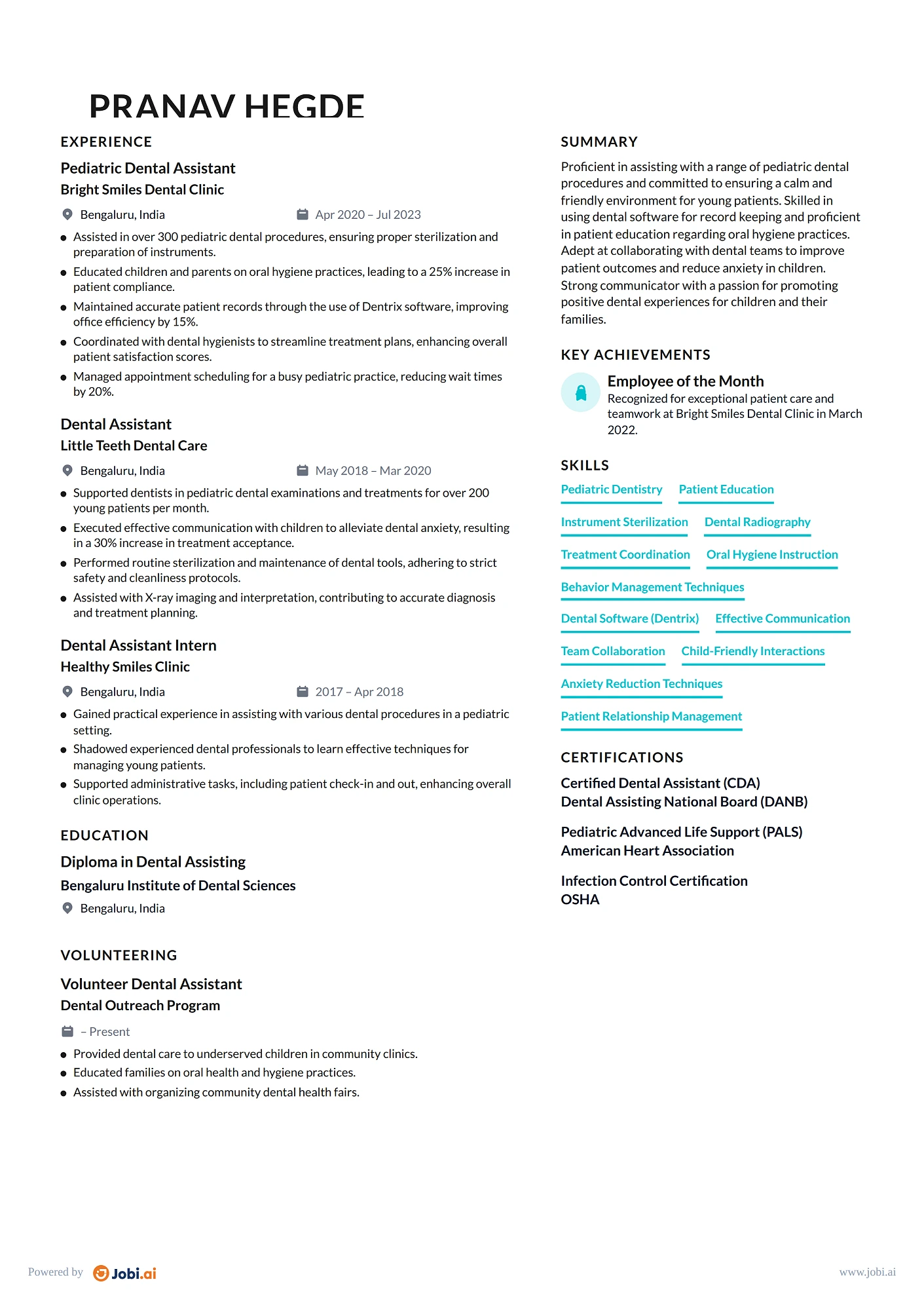Dental Assistant resume example — Pediatric Dental Assistant