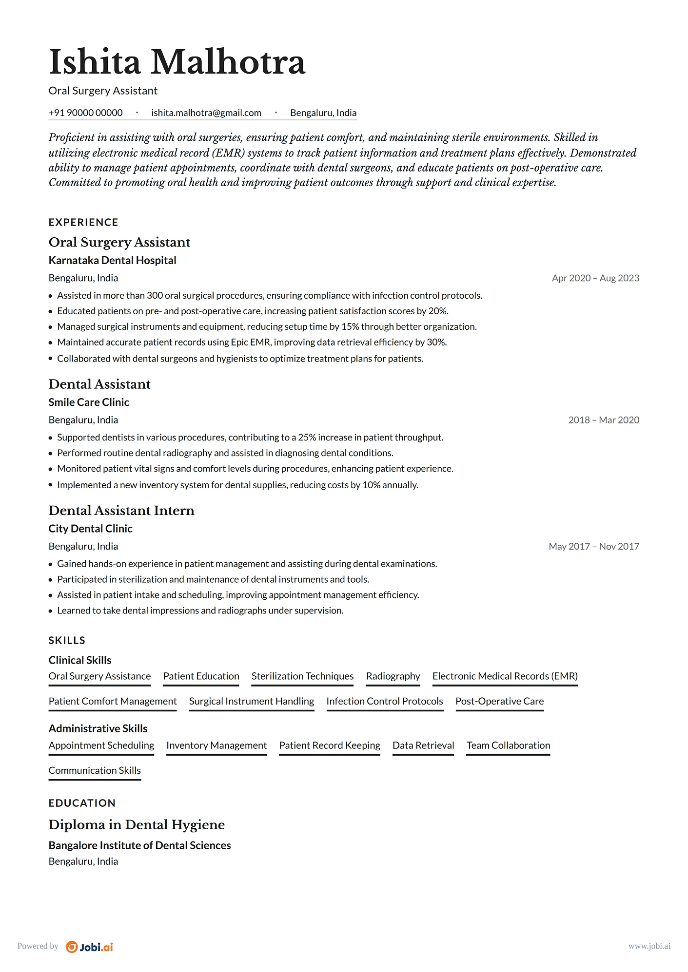 Dental Assistant resume example — Oral Surgery Assistant