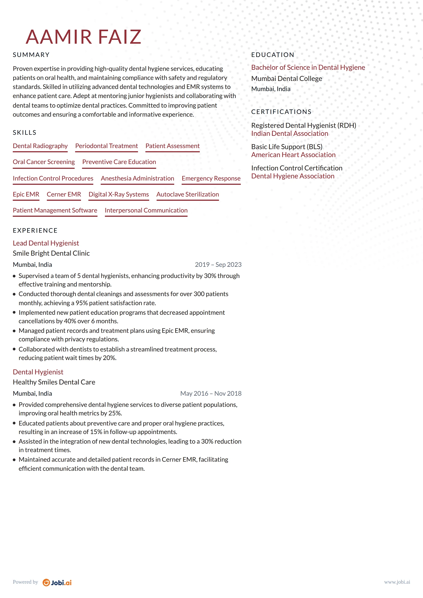 Dental Hygienist resume example — Lead Dental Hygienist