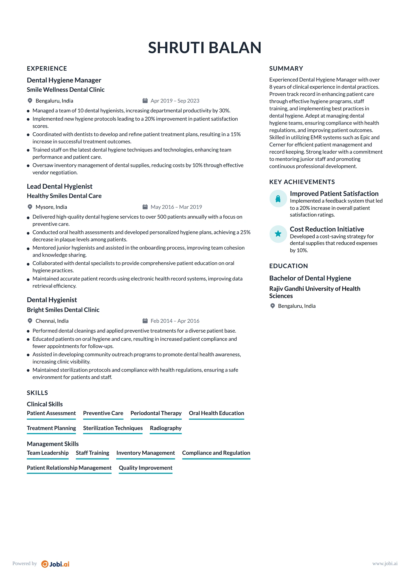 Dental Hygienist resume example — Dental Hygiene Manager