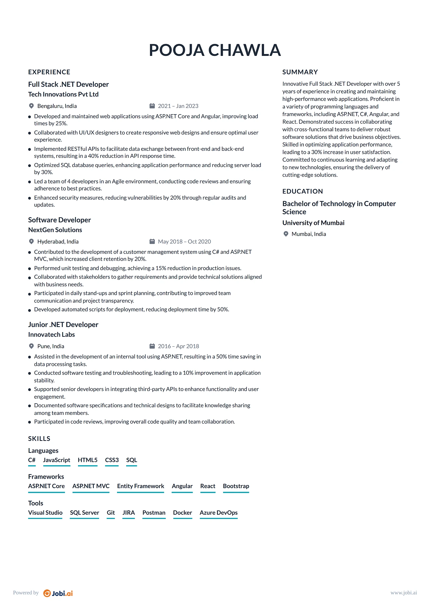 .NET Developer resume example — Full Stack .NET Developer