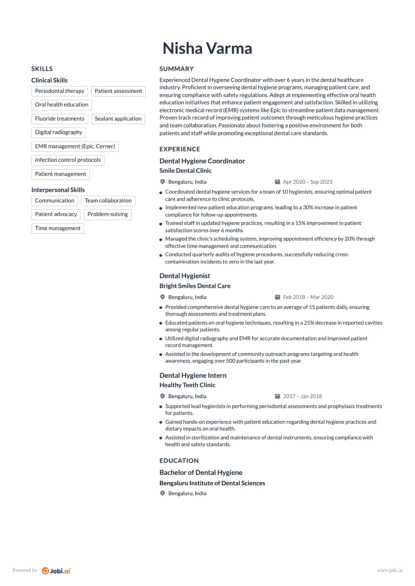 Dental Hygienist resume example — Dental Hygiene Coordinator