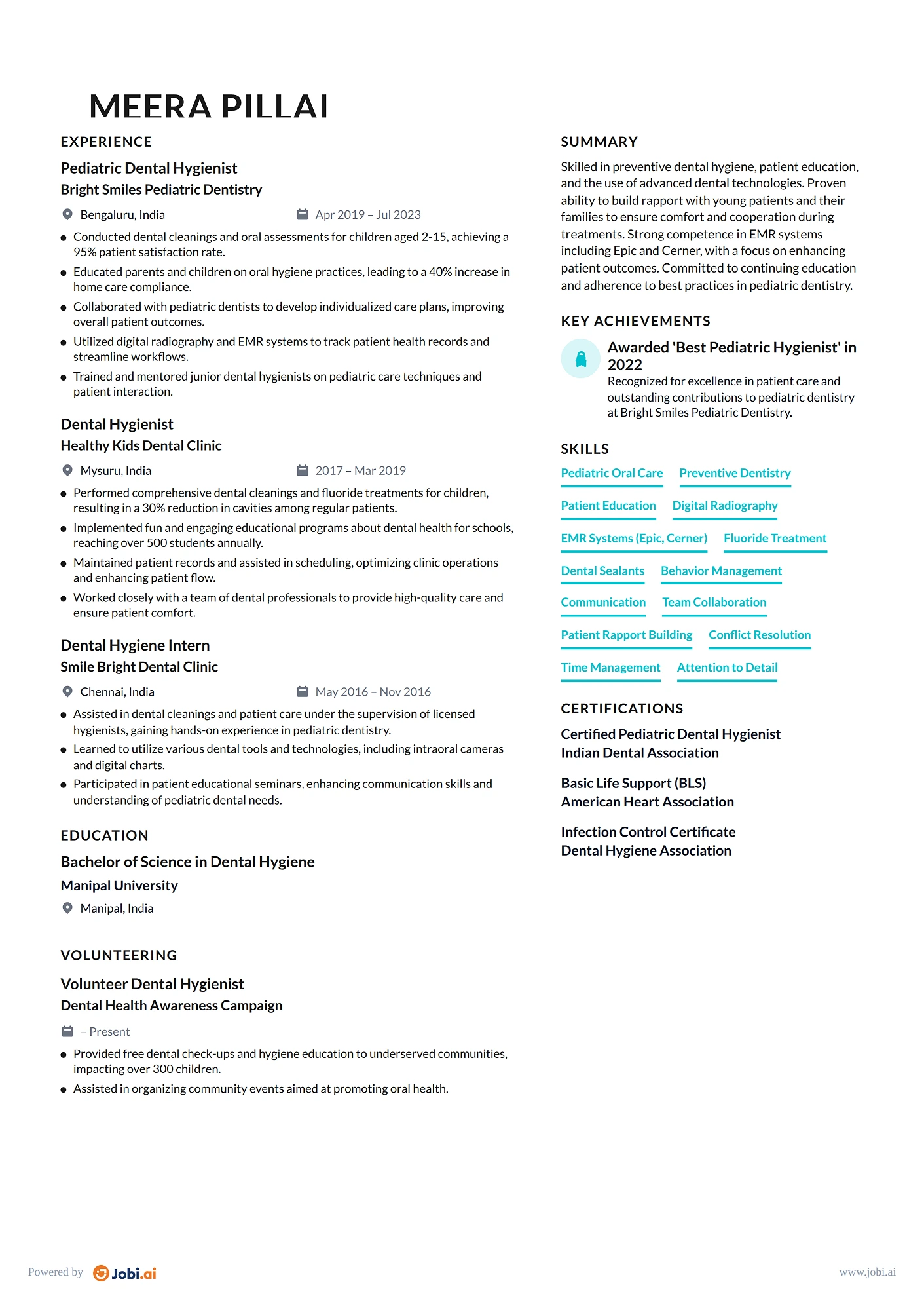 Dental Hygienist resume example — Pediatric Dental Hygienist