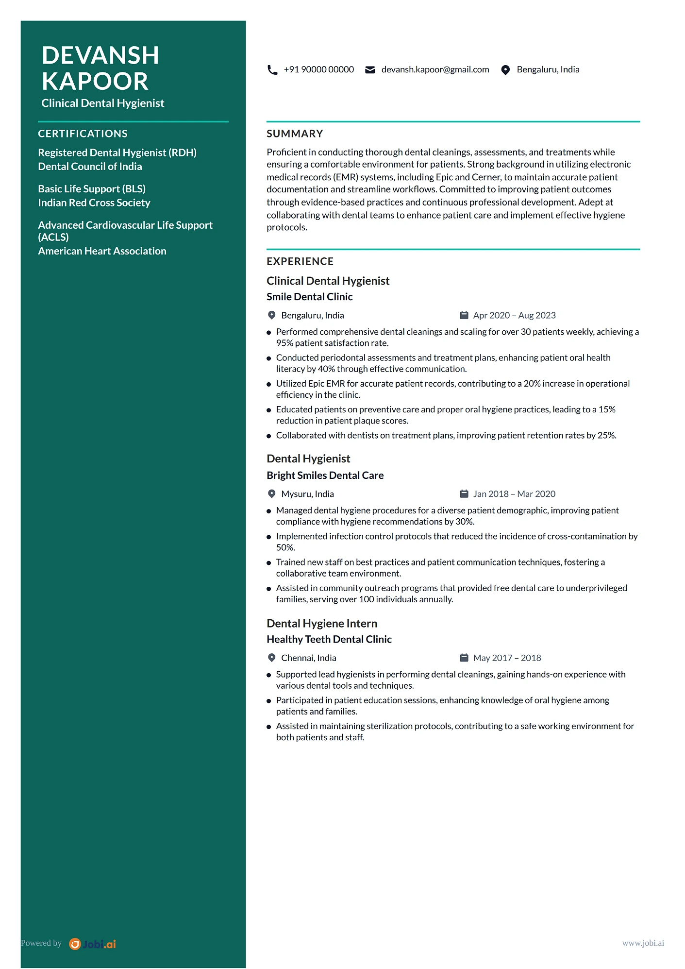 Dental Hygienist resume example — Clinical Dental Hygienist