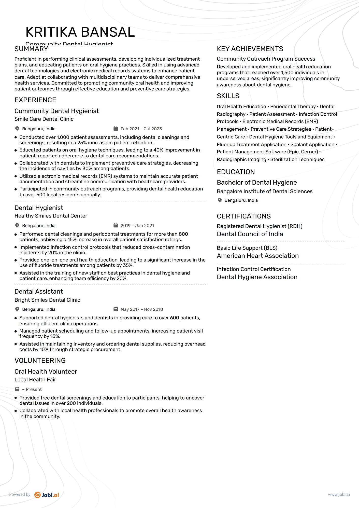 Dental Hygienist resume example — Community Dental Hygienist