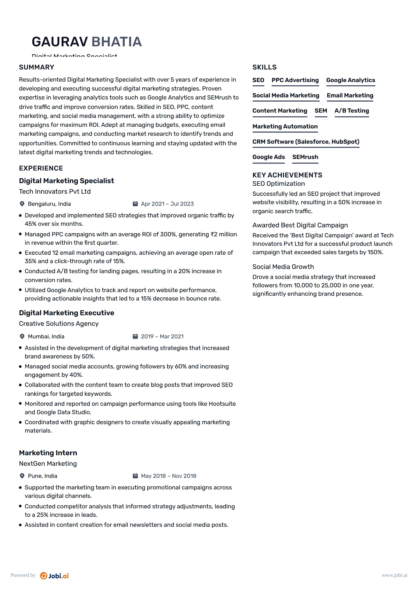Digital Marketing Manager resume example — Digital Marketing Specialist