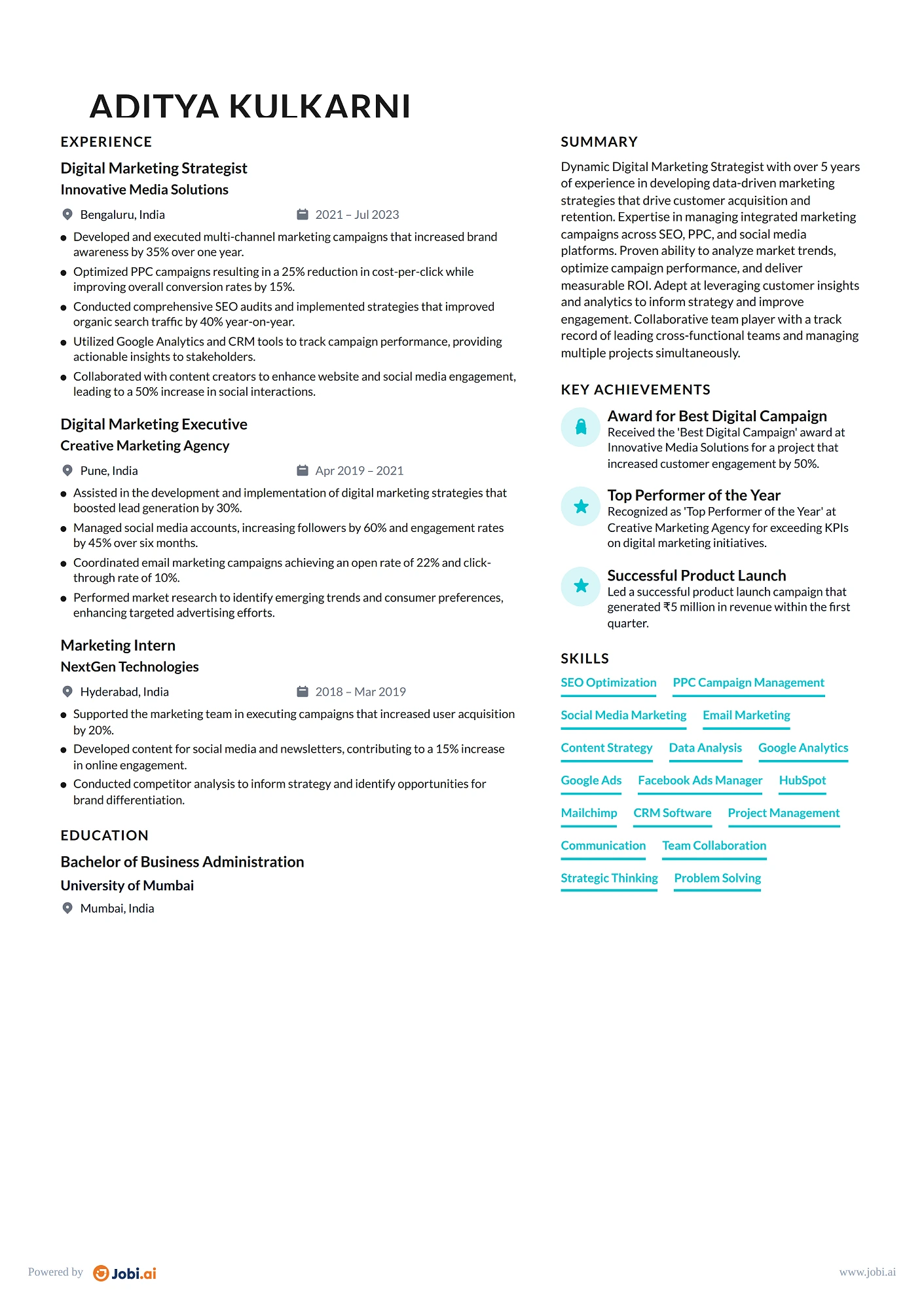 Digital Marketing Manager resume example — Digital Marketing Strategist