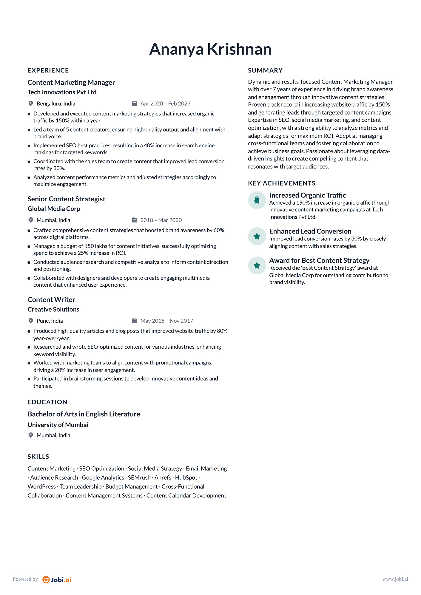 Digital Marketing Manager resume example — Content Marketing Manager