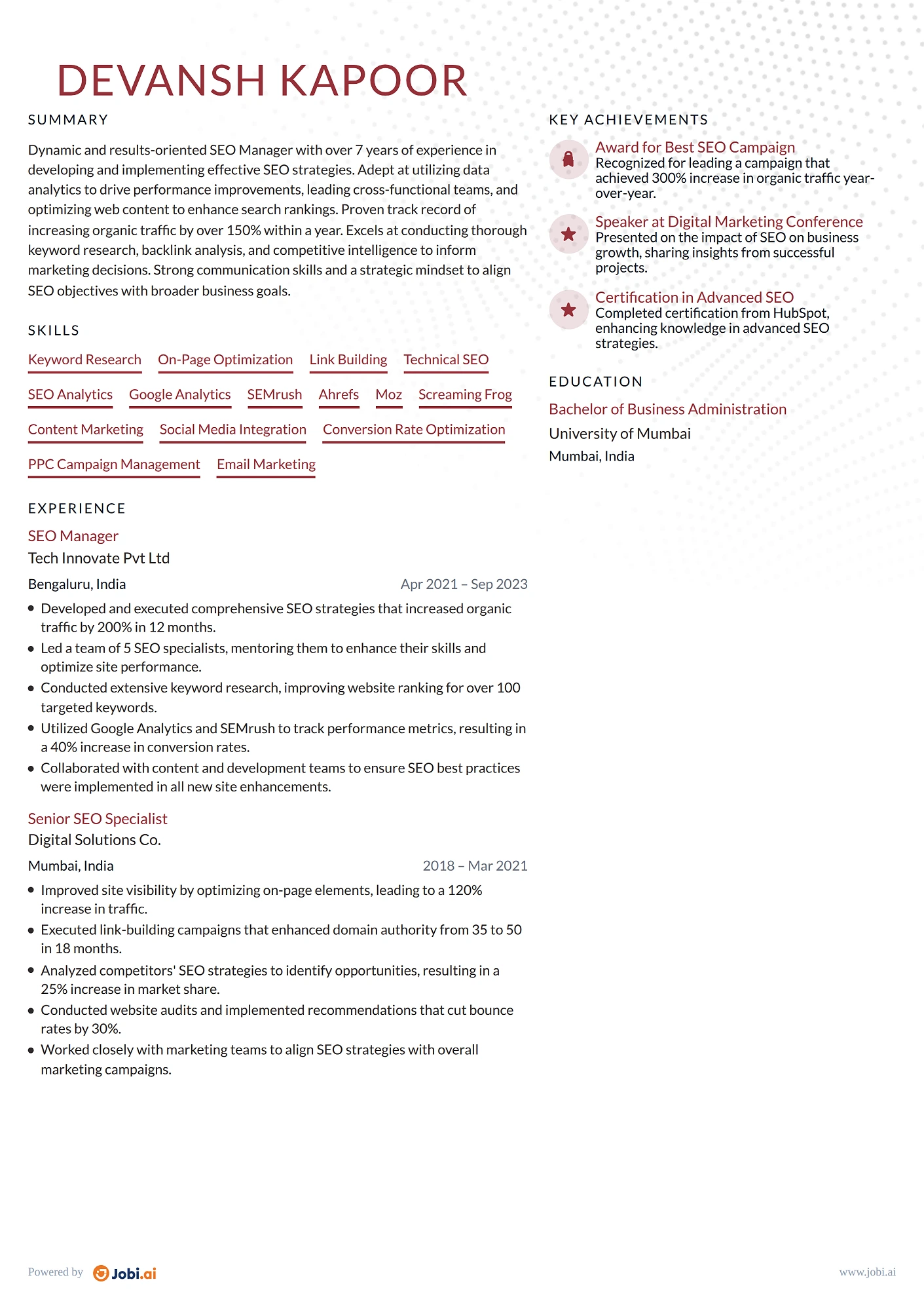 Digital Marketing Manager resume example — SEO Manager
