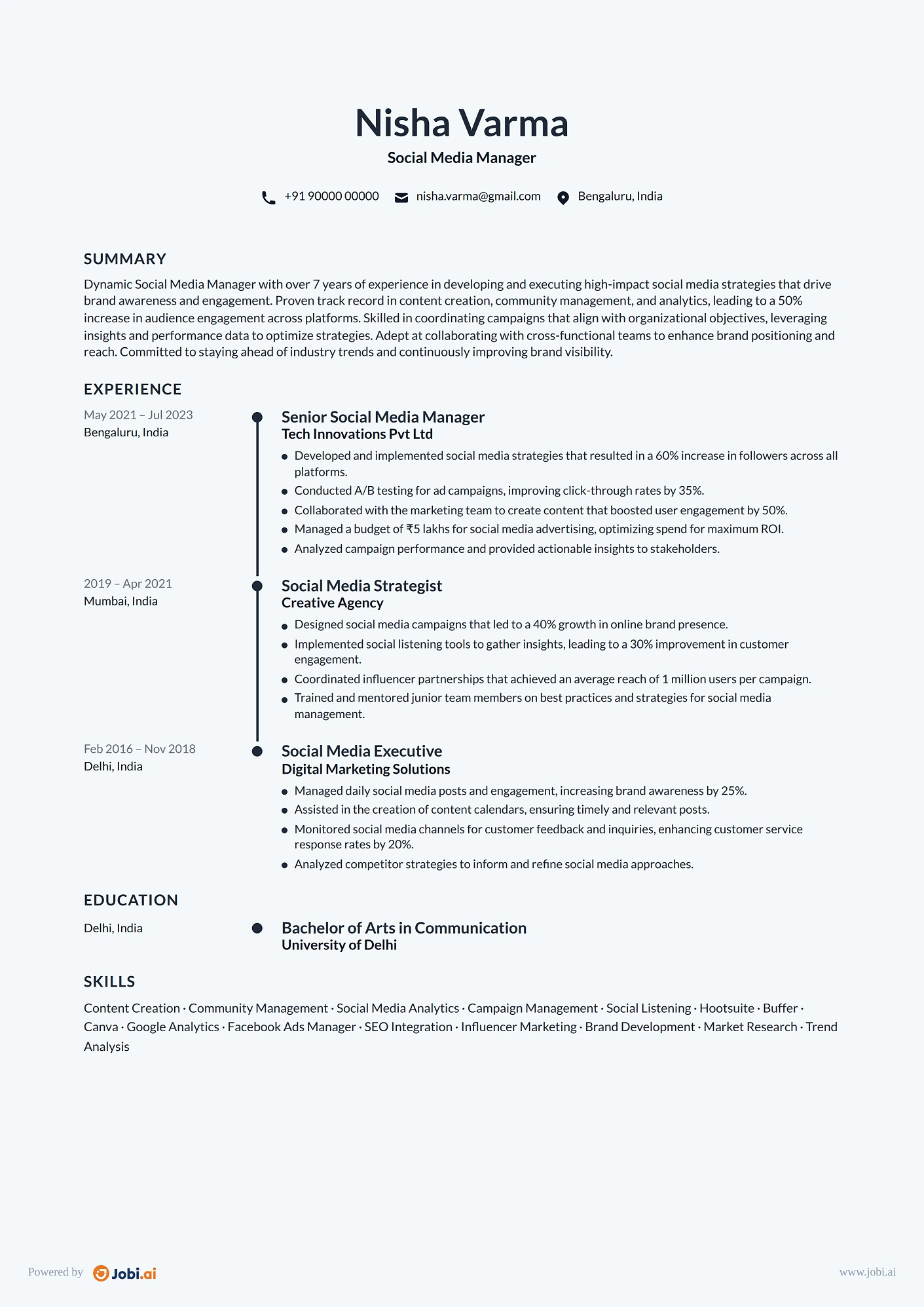 Digital Marketing Manager resume example — Social Media Manager