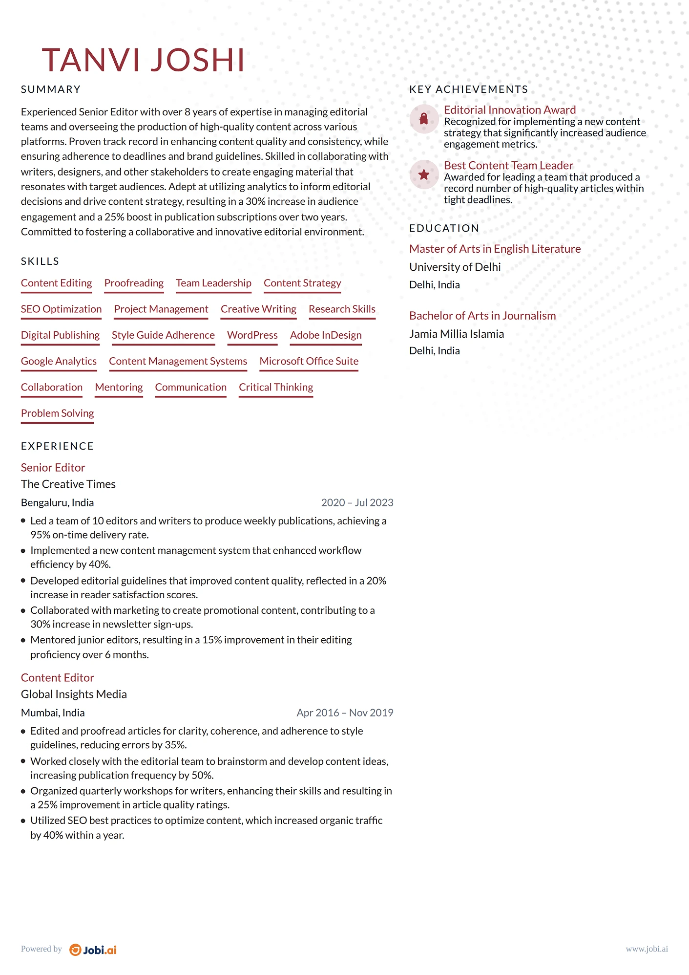 Editor resume example — Senior Editor