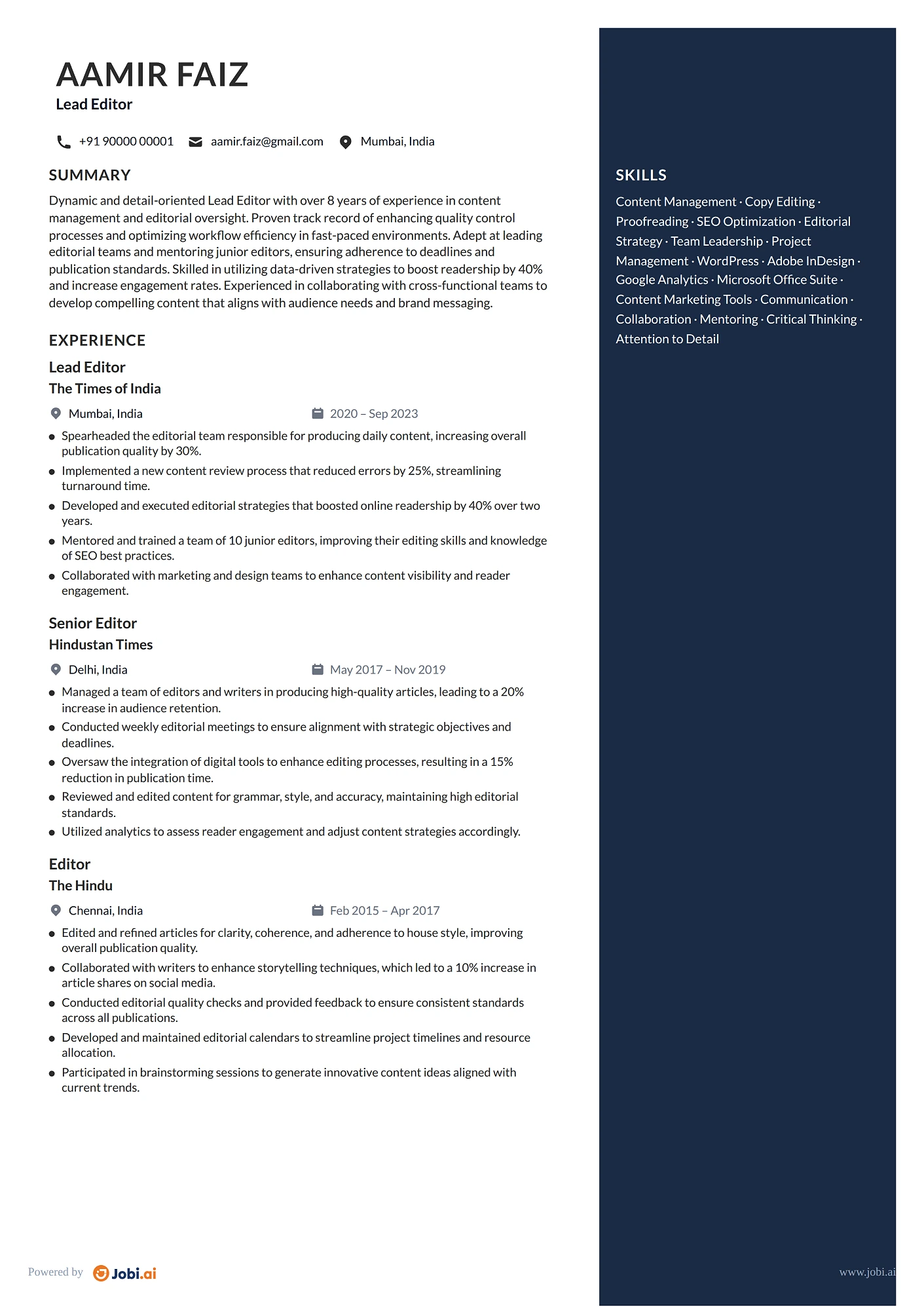 Editor resume example — Lead Editor