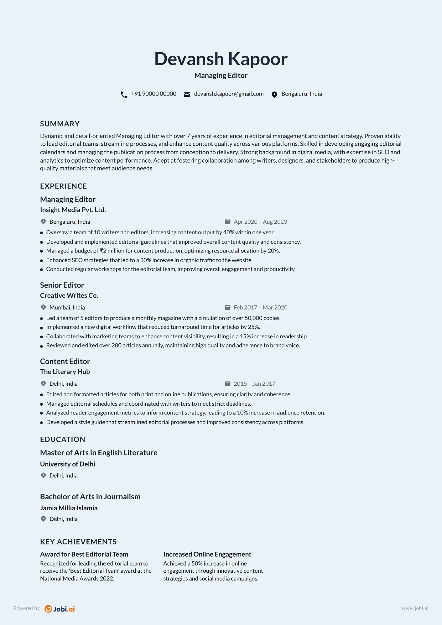 Editor resume example — Managing Editor