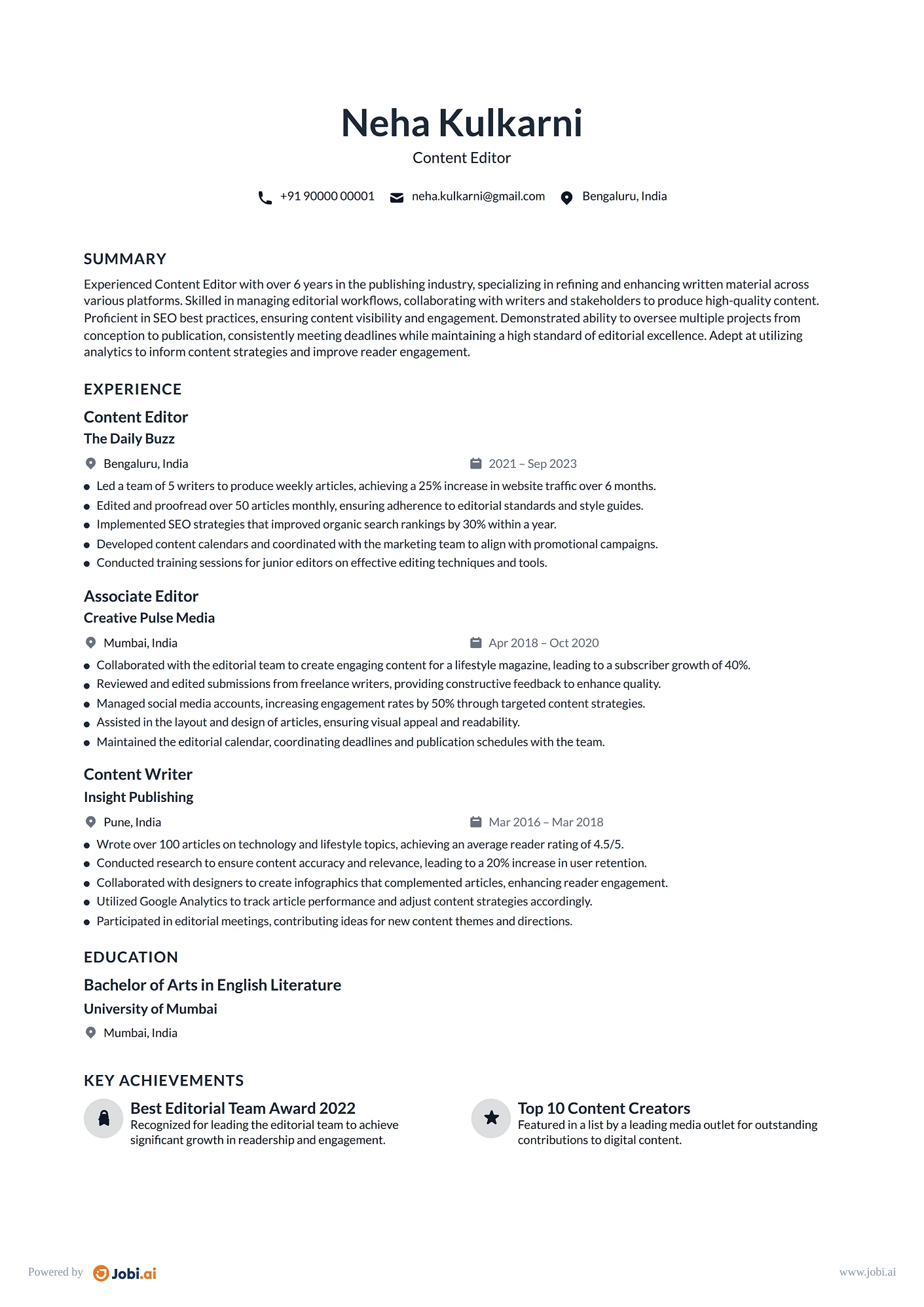 Editor resume example — Content Editor