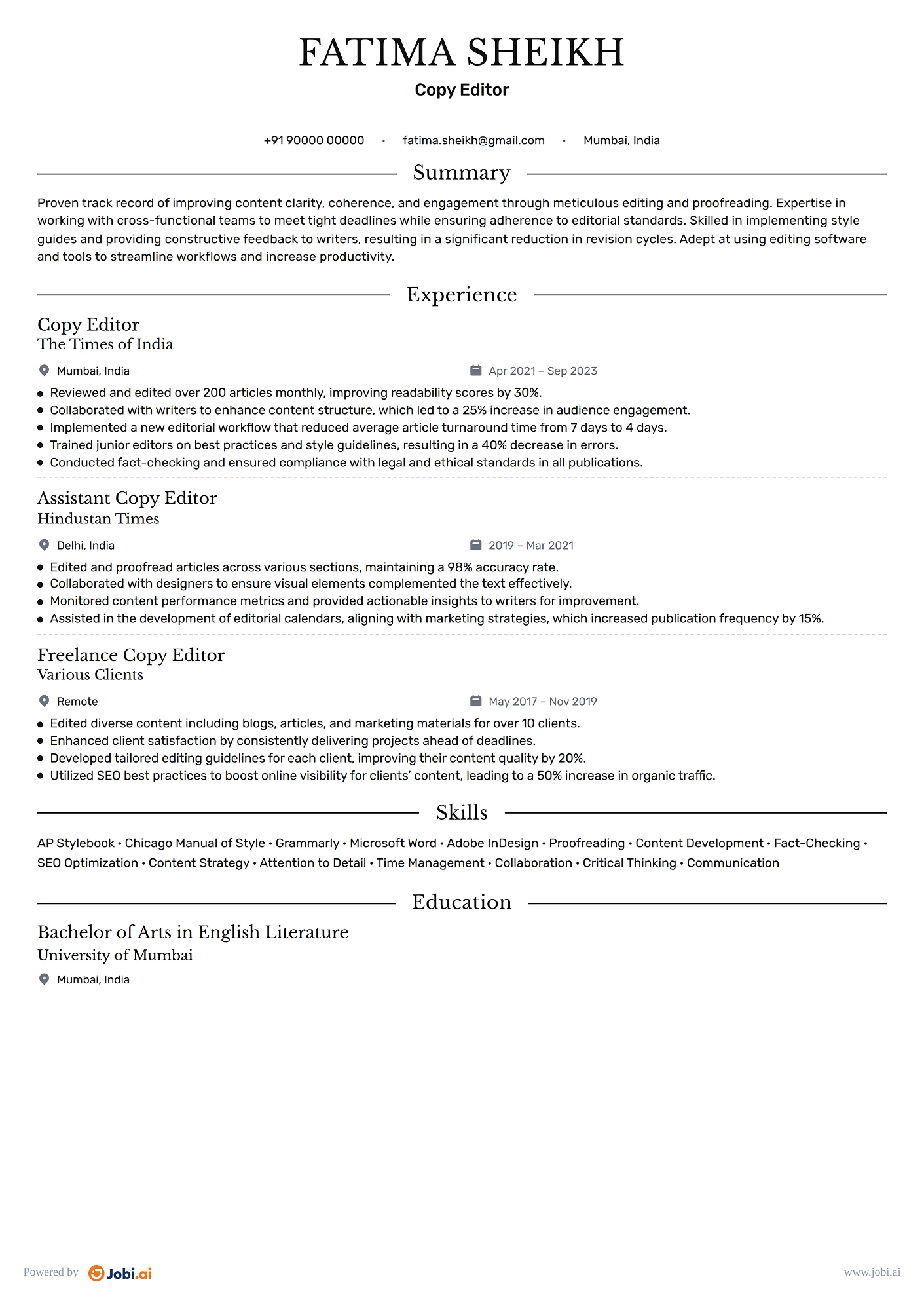 Editor resume example — Copy Editor