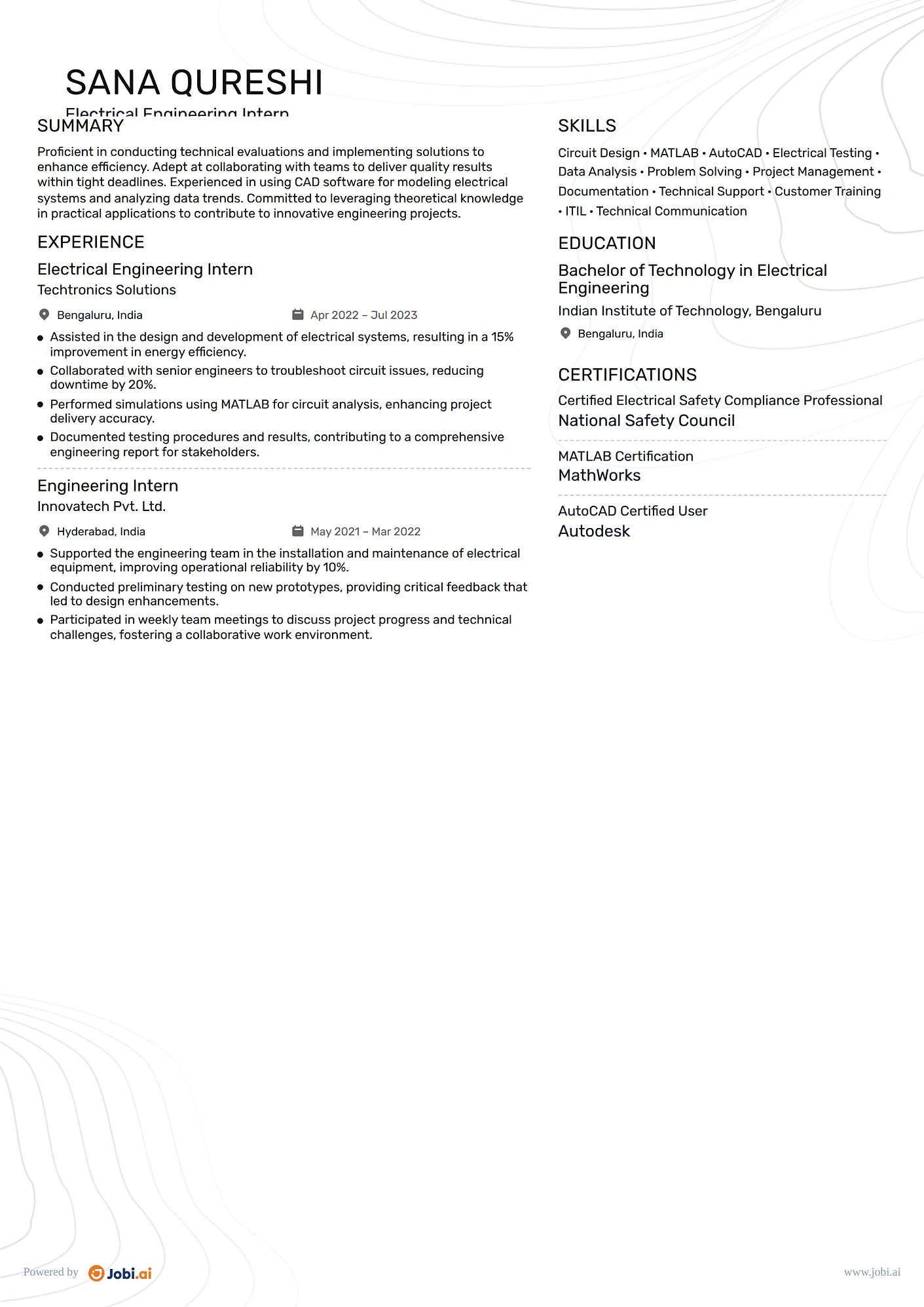 Electrical Engineer resume example — Electrical Engineering Intern