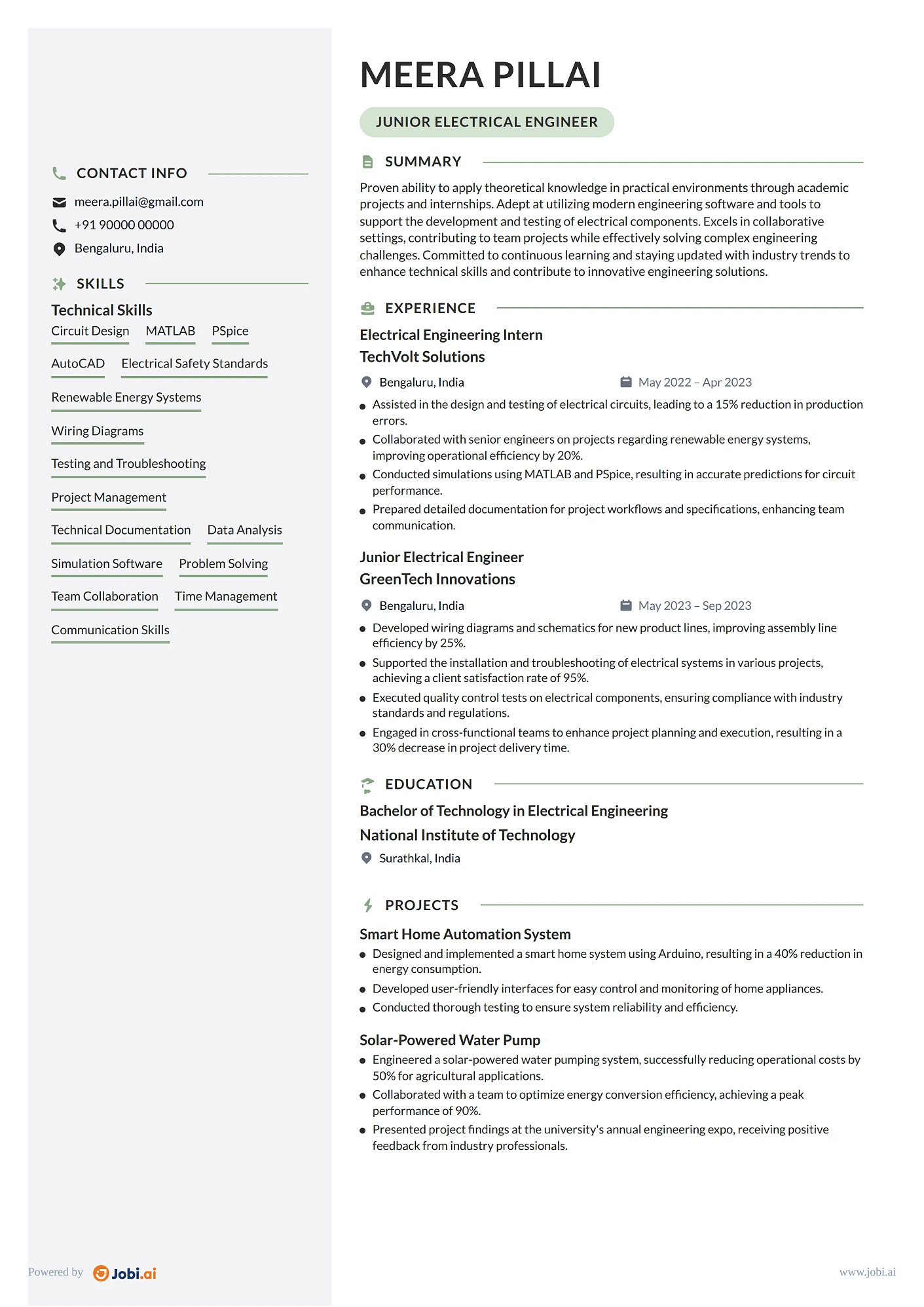 Electrical Engineer resume example — Junior Electrical Engineer
