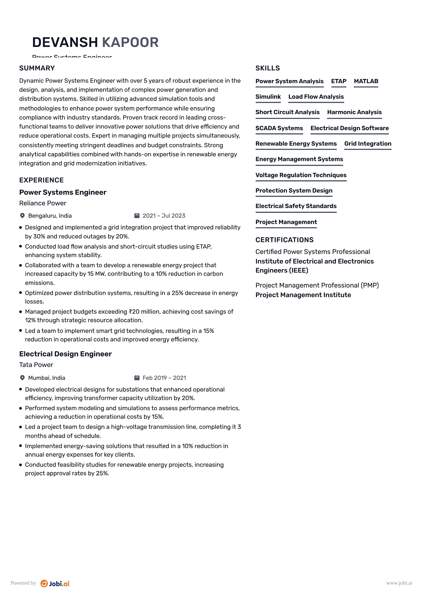 Electrical Engineer resume example — Power Systems Engineer
