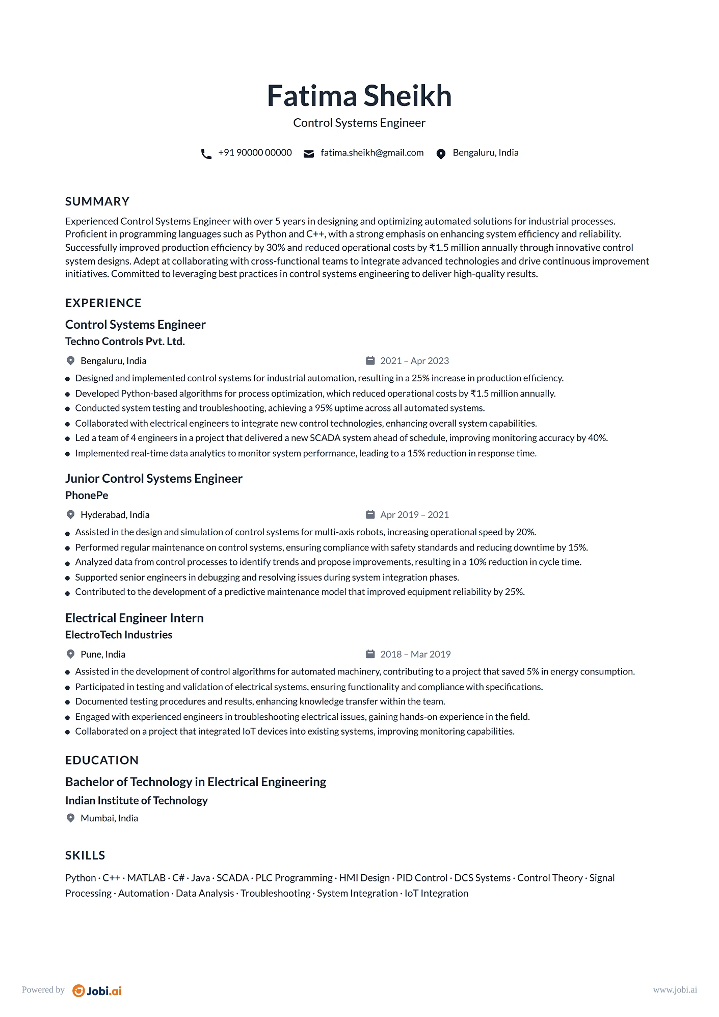 Electrical Engineer resume example — Control Systems Engineer