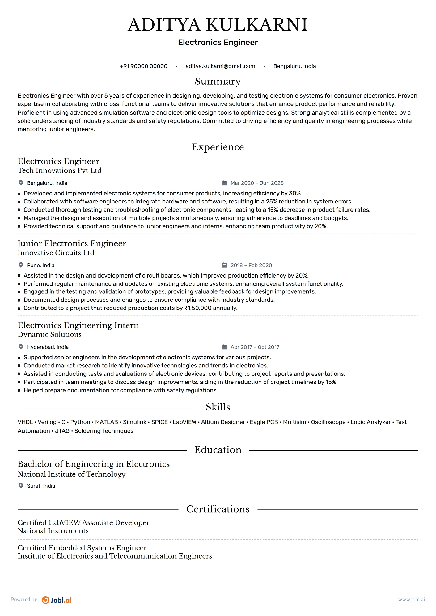 Electrical Engineer resume example — Electronics Engineer