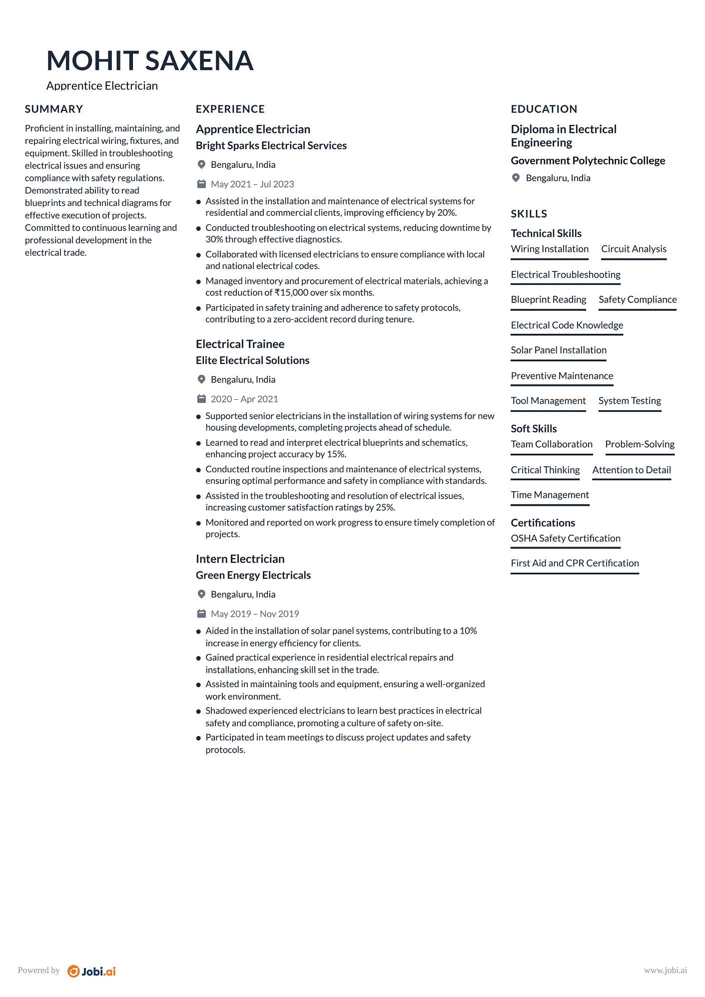 Electrician resume example