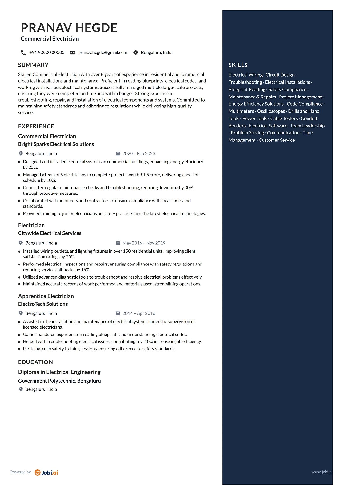 Electrician resume example — Commercial Electrician