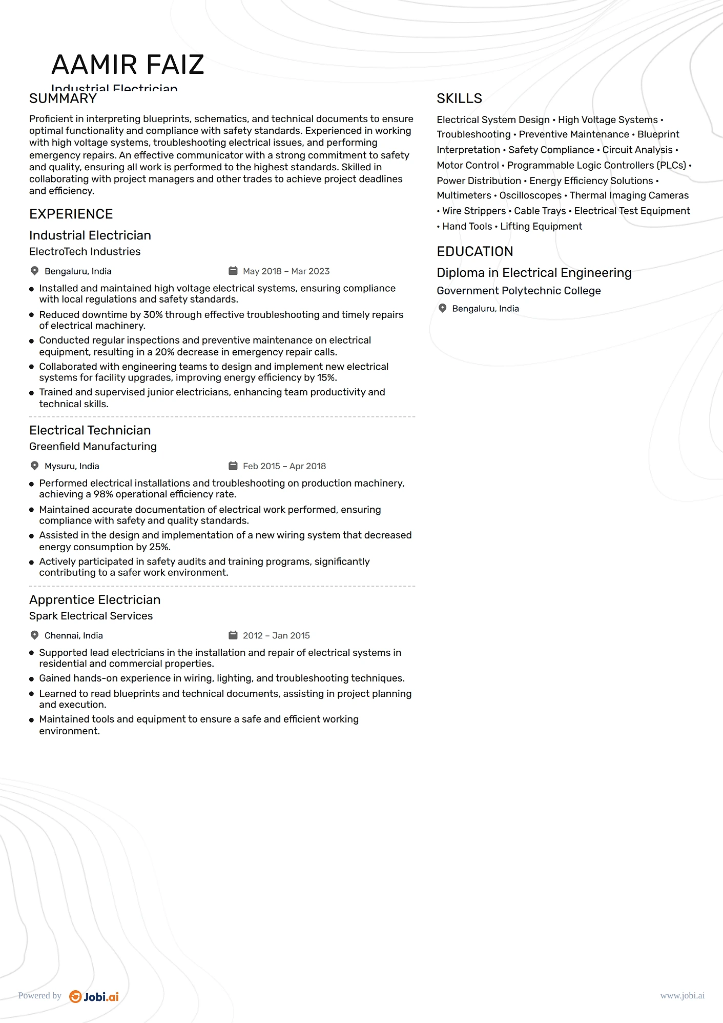 Electrician resume example — Industrial Electrician