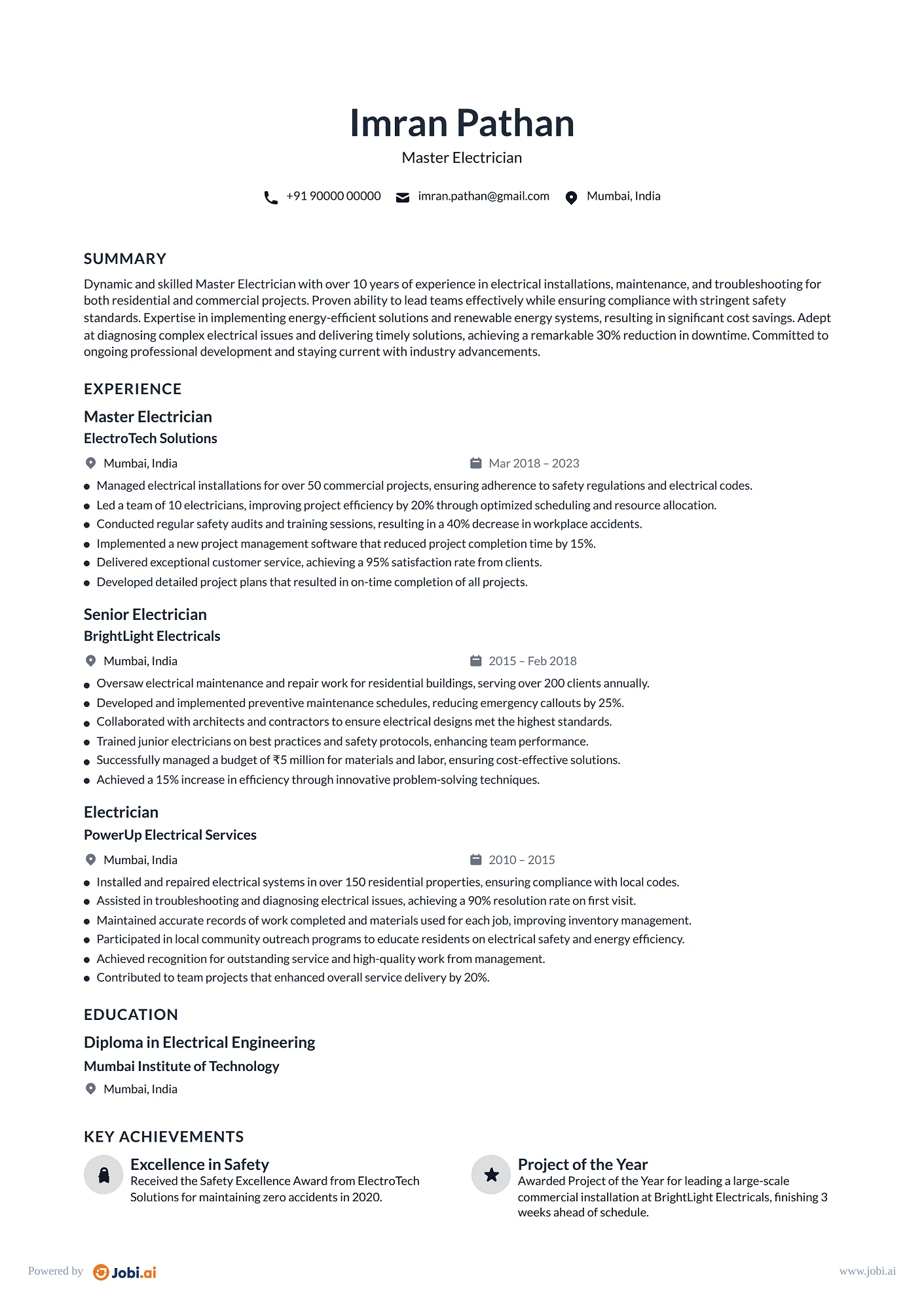 Electrician resume example — Master Electrician
