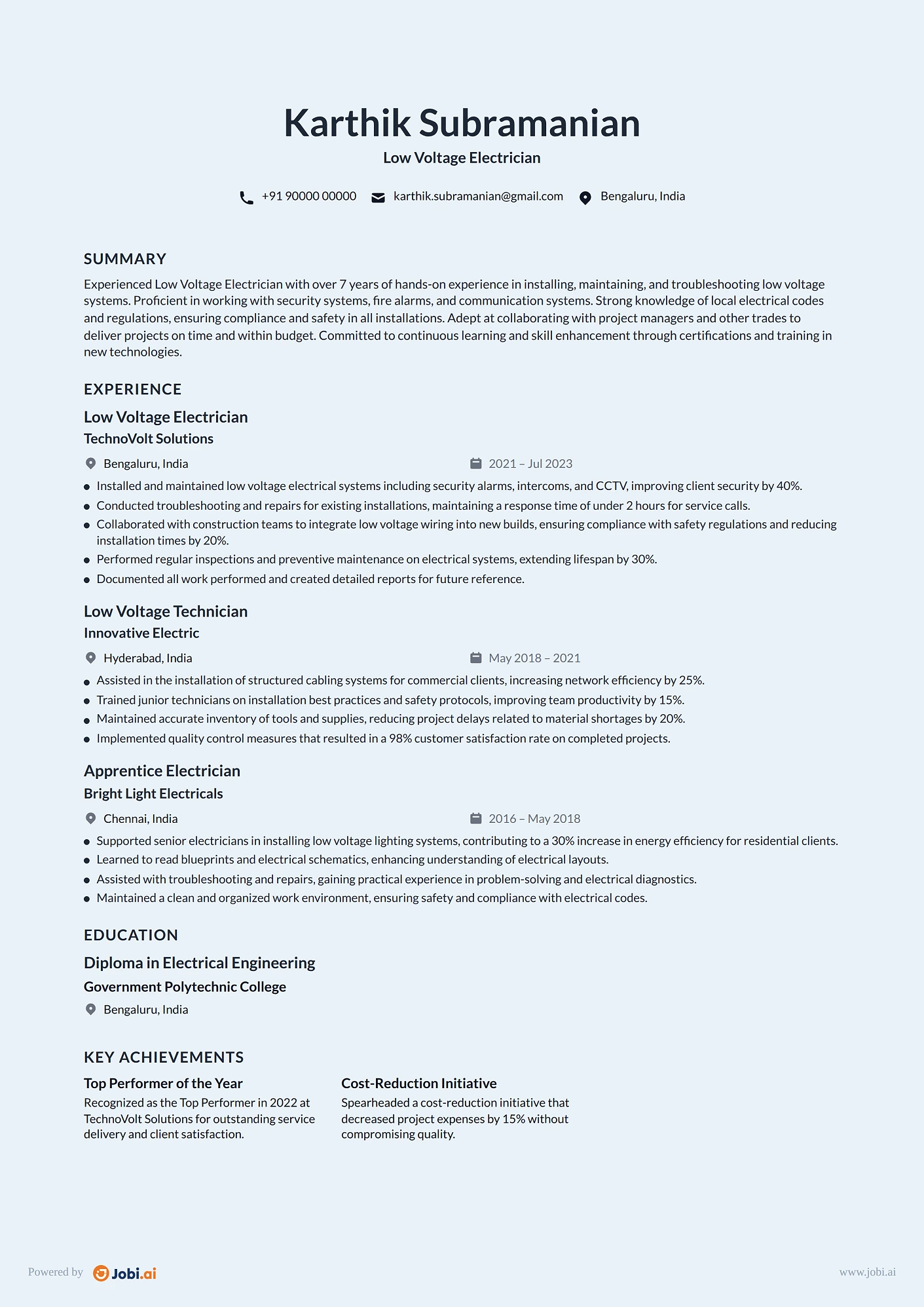 Electrician resume example — Low Voltage Electrician