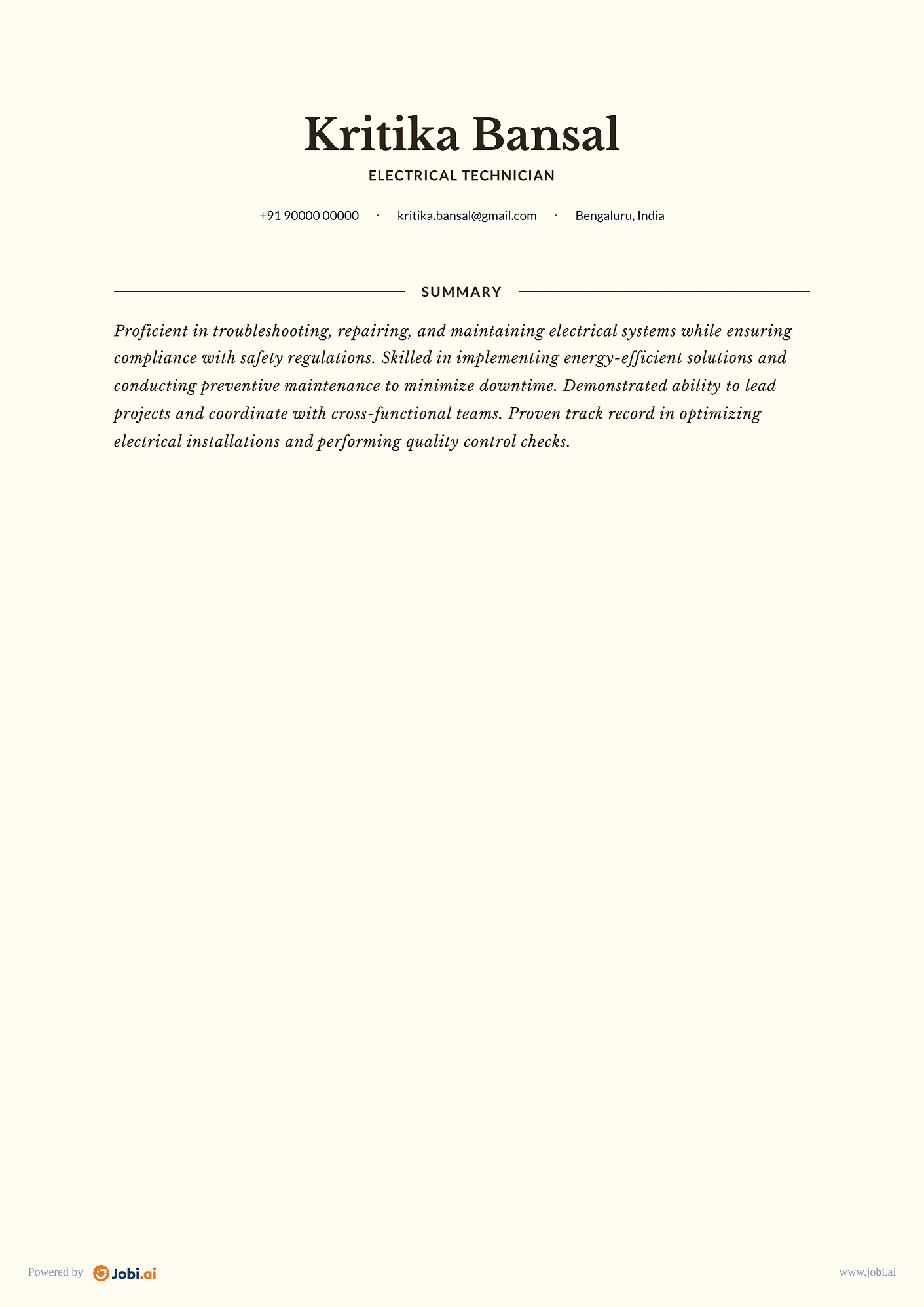 Electrician resume example — Electrical Technician