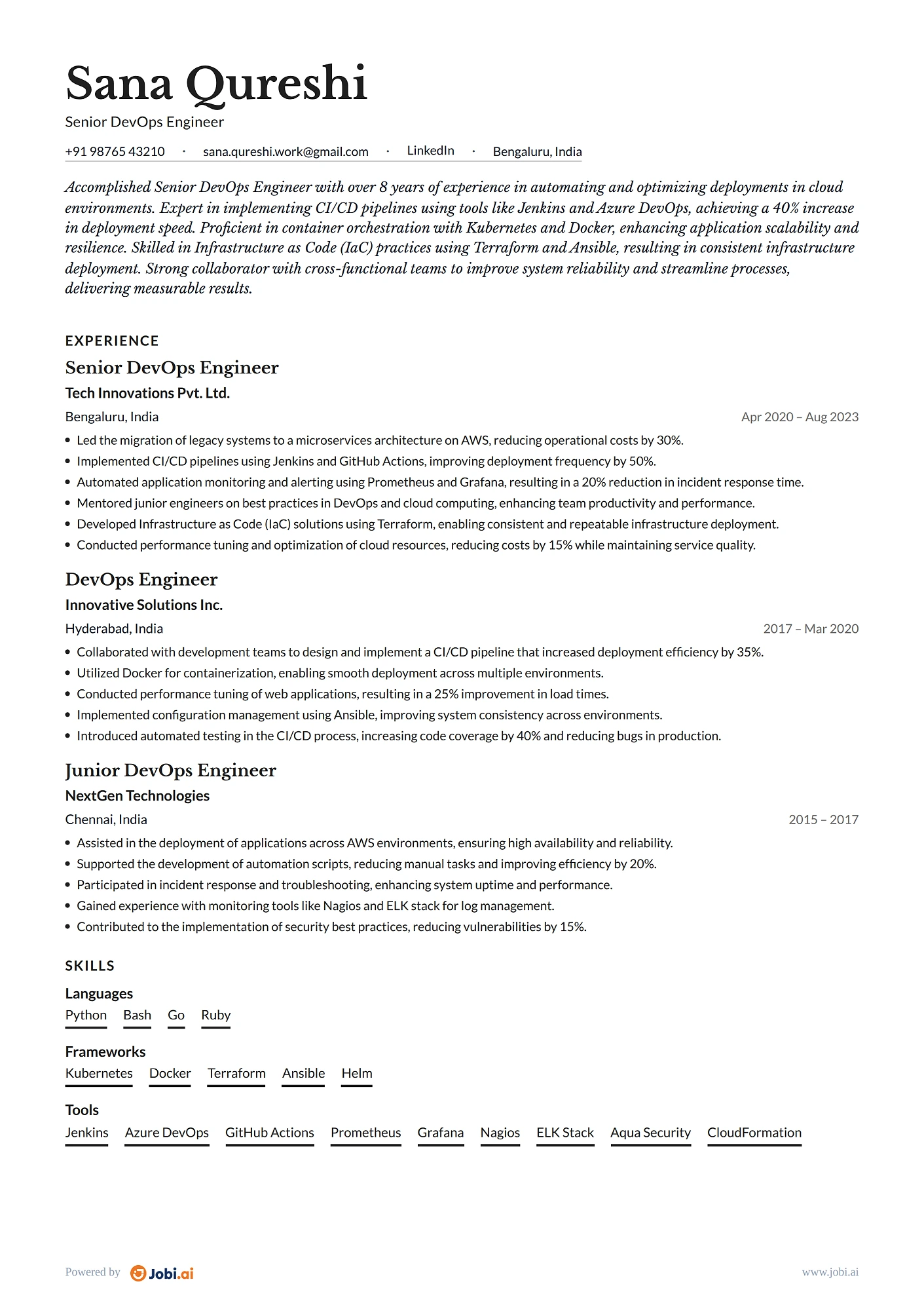 Senior DevOps Engineer resume example
