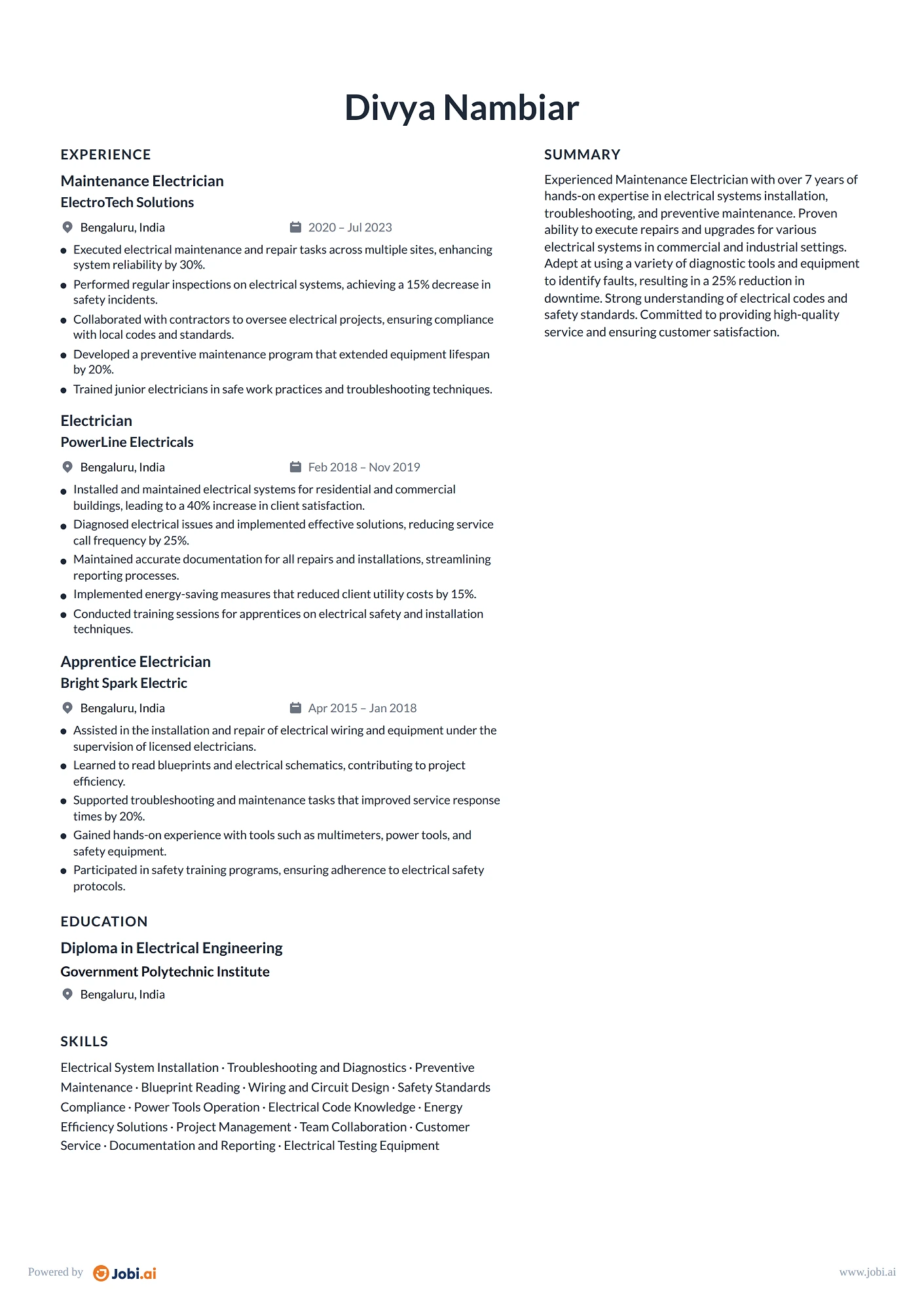 Electrician resume example — Maintenance Electrician