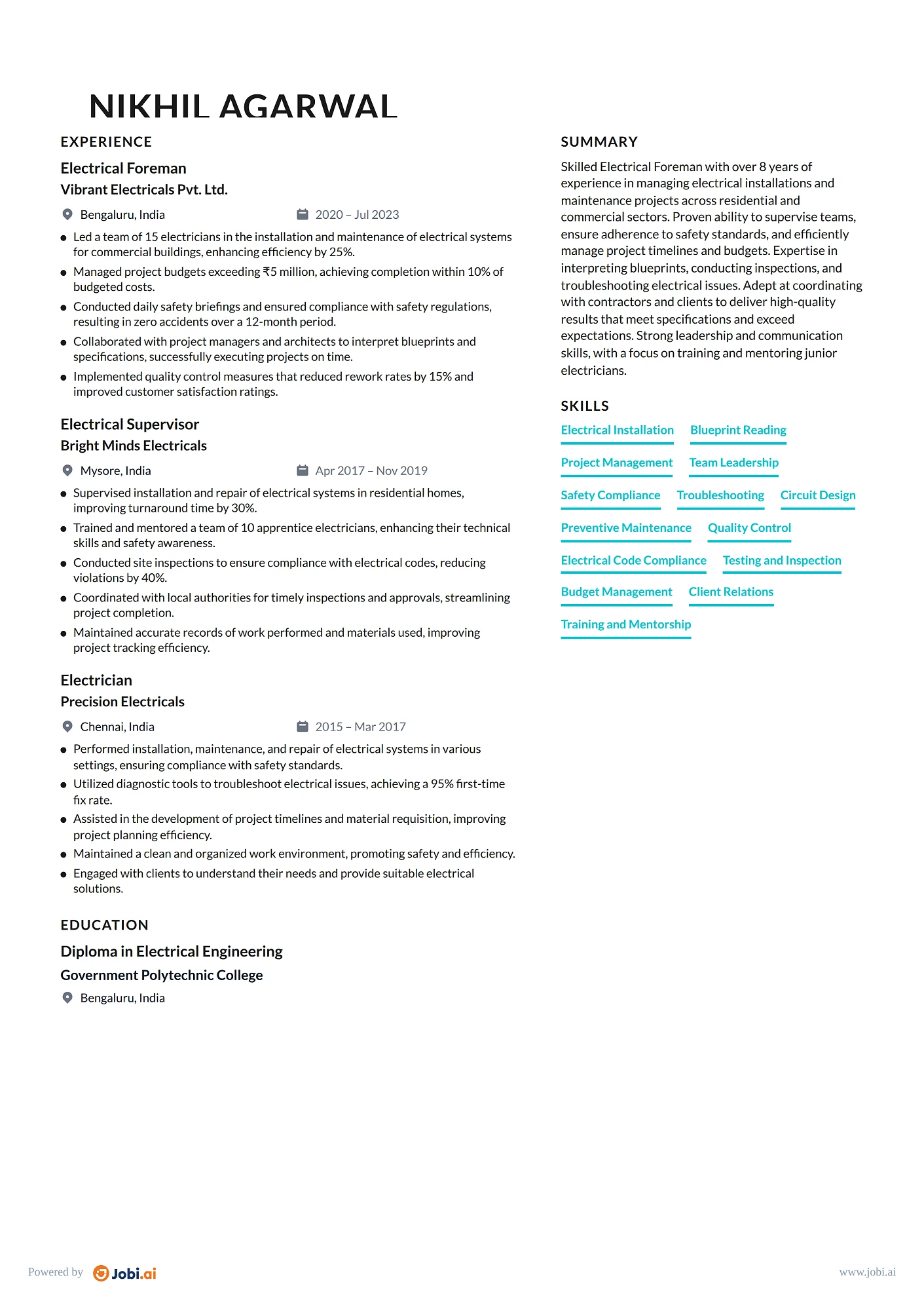 Electrician resume example — Electrical Foreman
