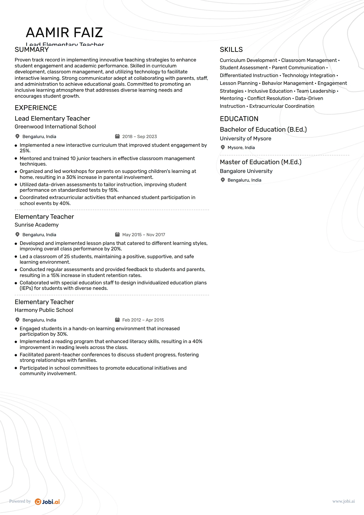 Elementary Teacher resume example