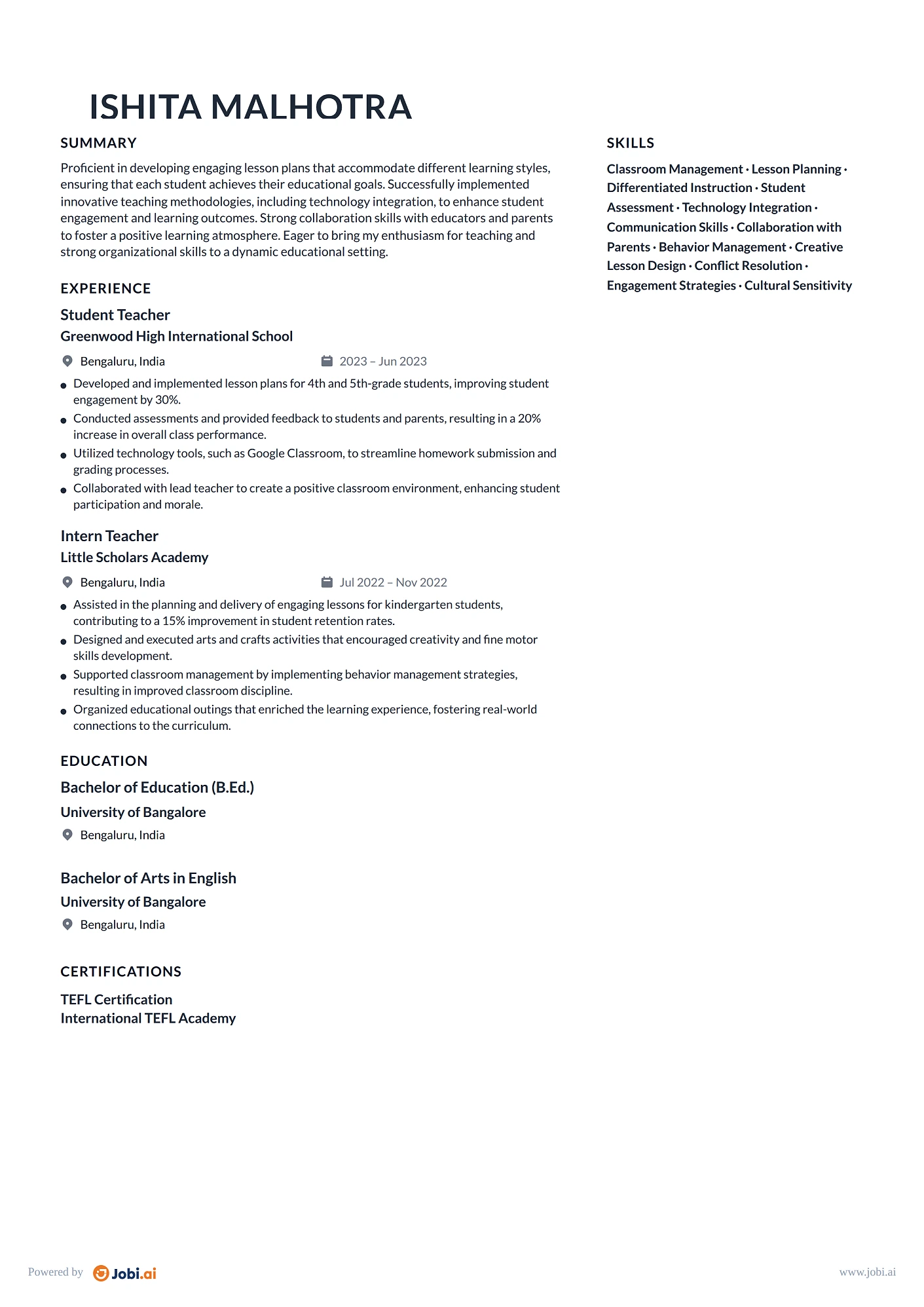Elementary Teacher resume example — Student Teacher