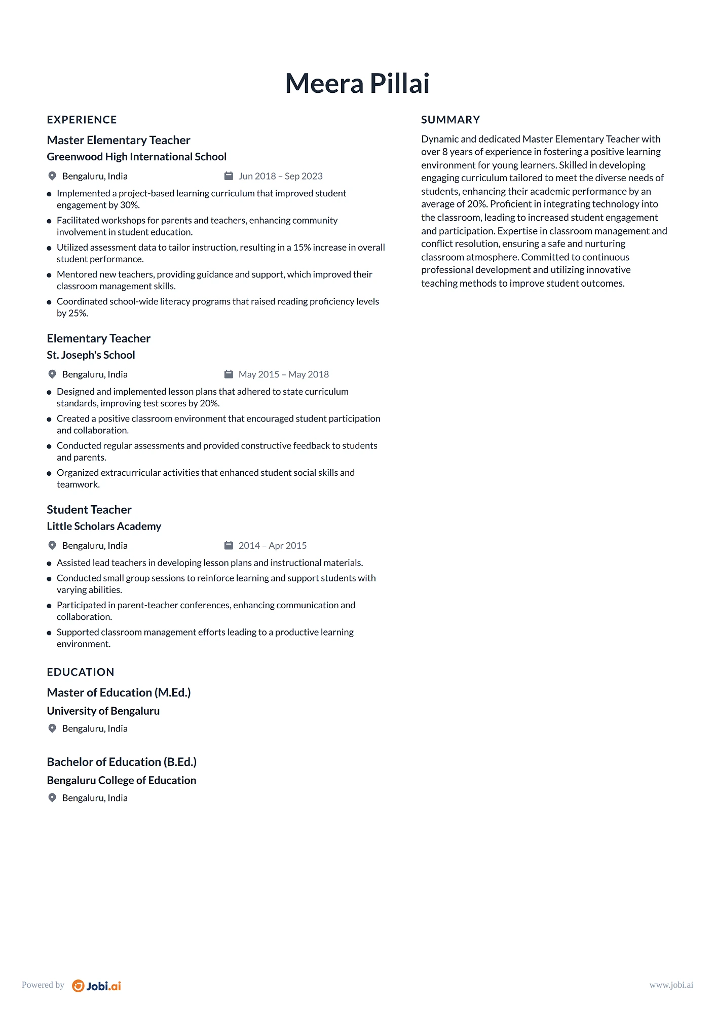 Elementary Teacher resume example — Master Elementary Teacher