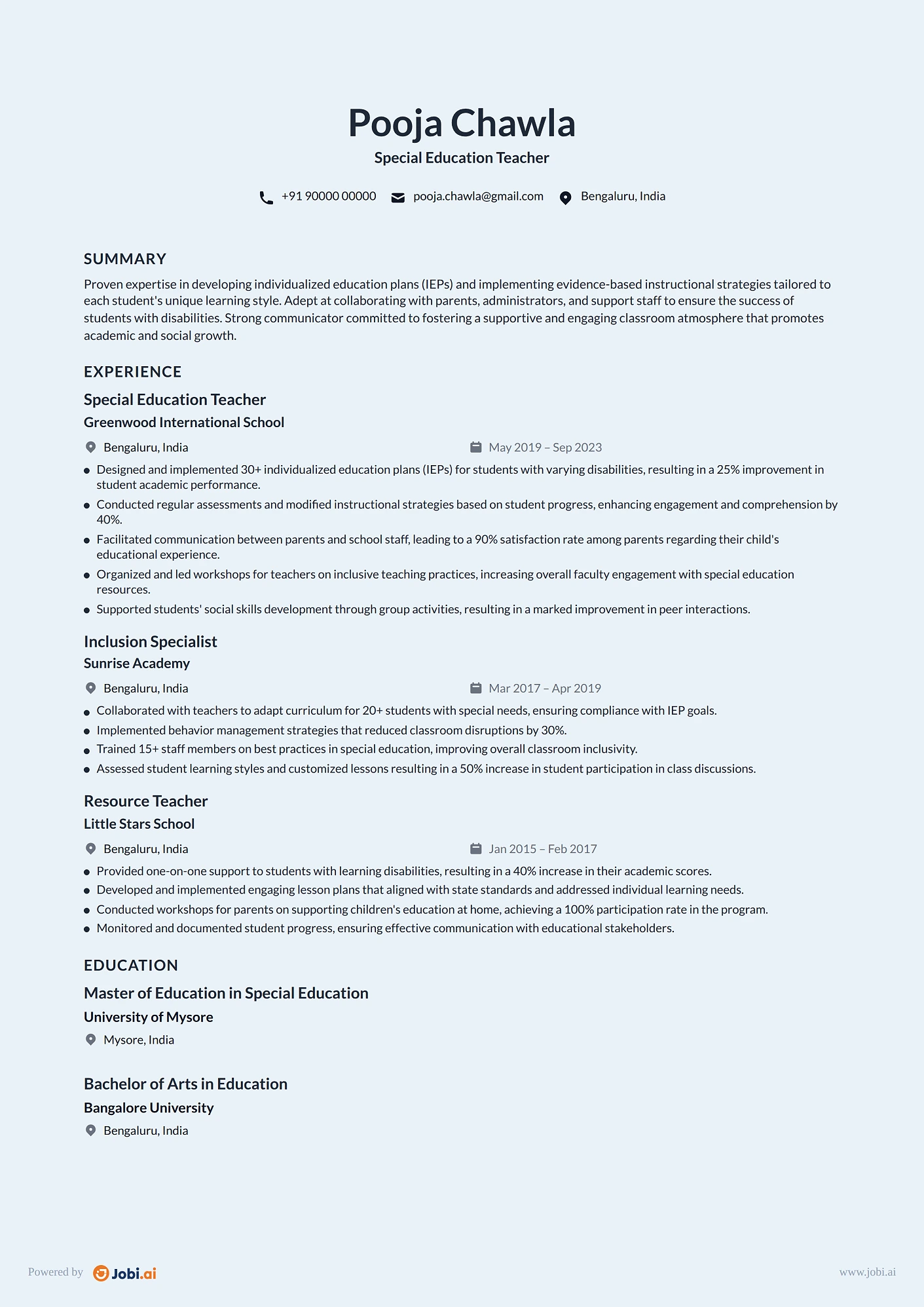 Elementary Teacher resume example — Special Education Teacher