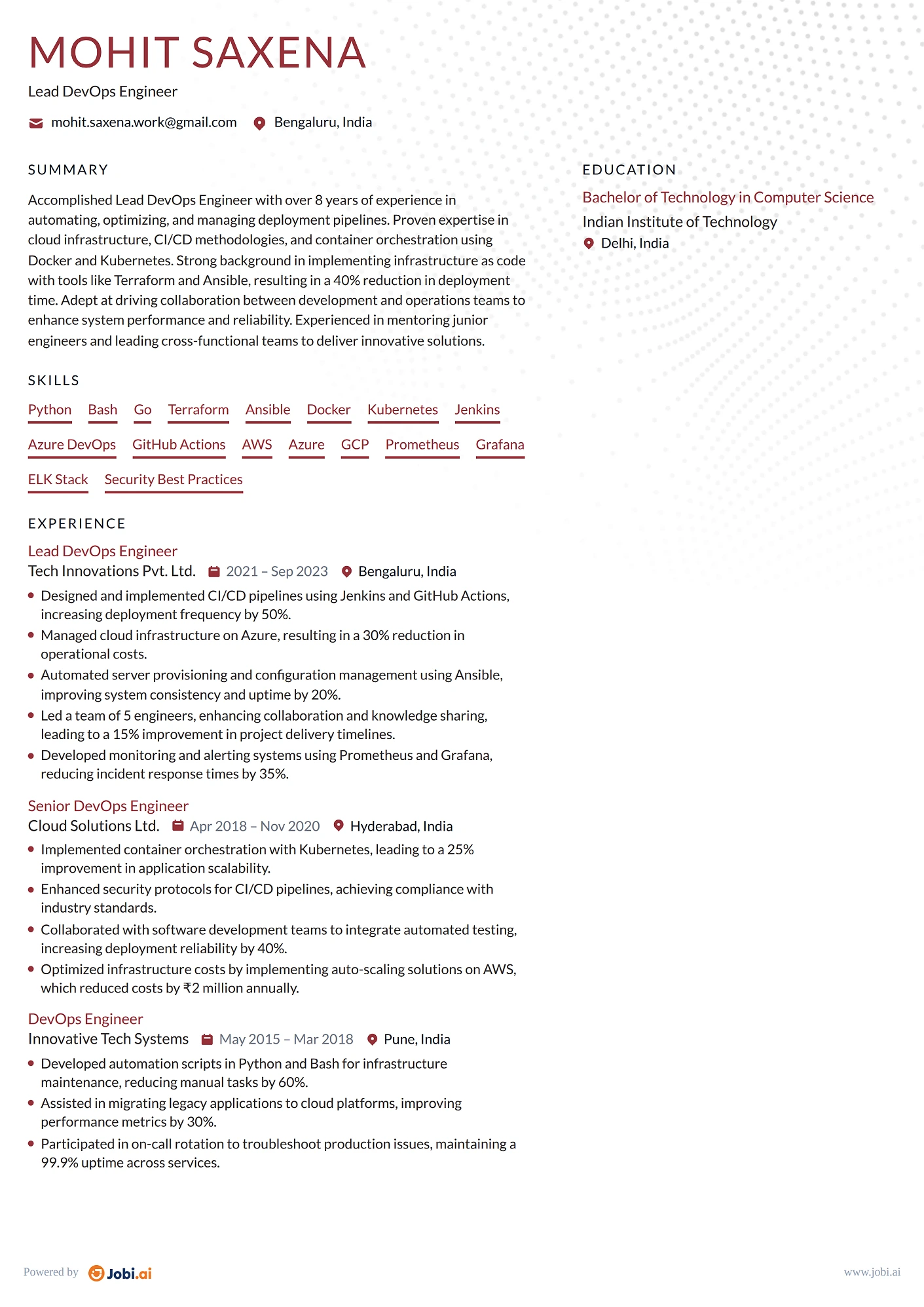 Lead DevOps Engineer resume example