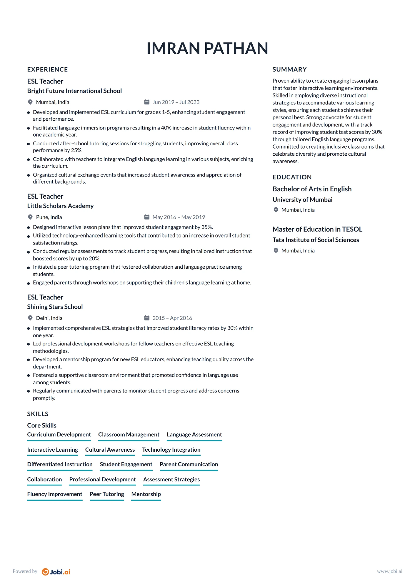 Elementary Teacher resume example — ESL Teacher