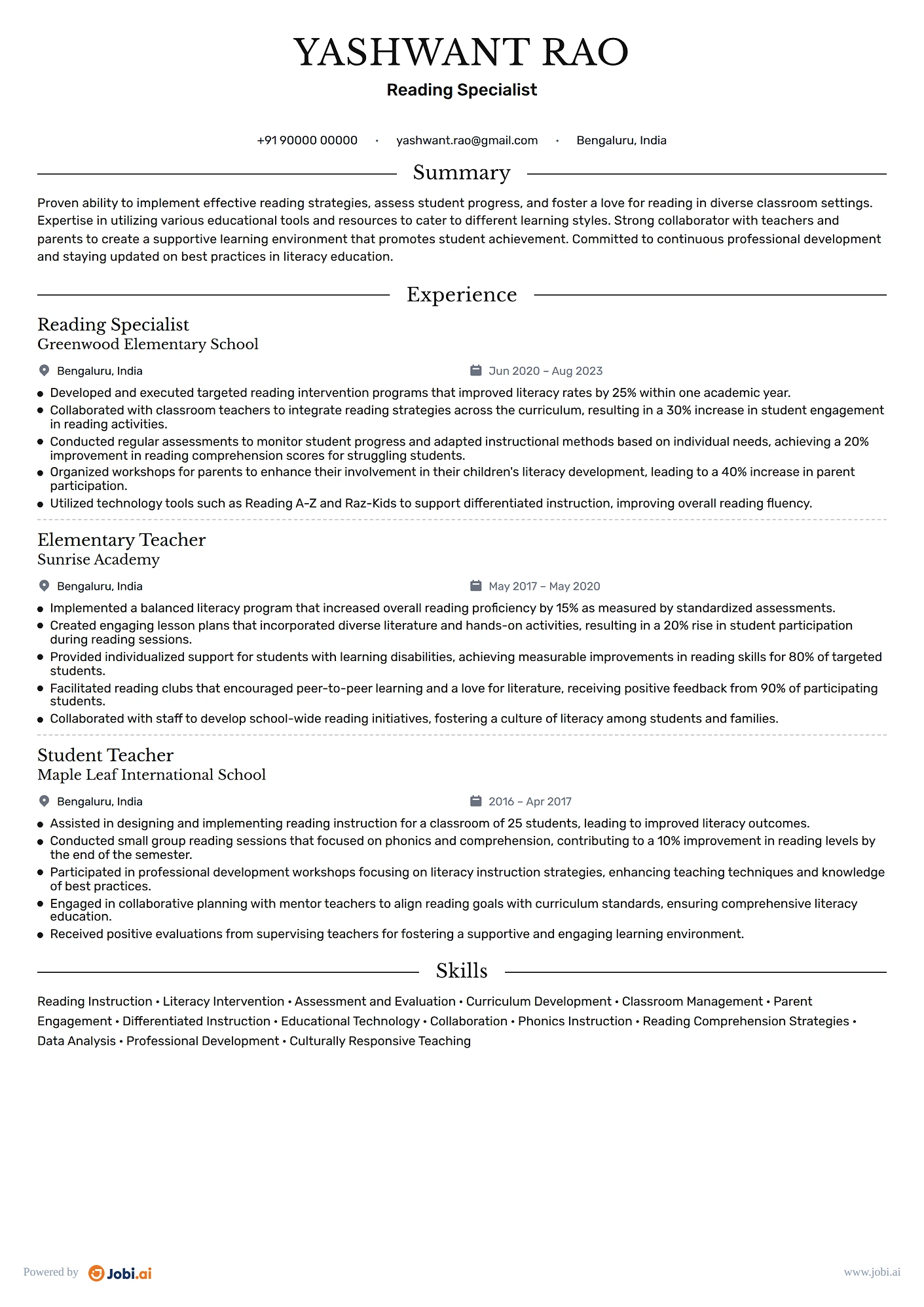 Elementary Teacher resume example — Reading Specialist