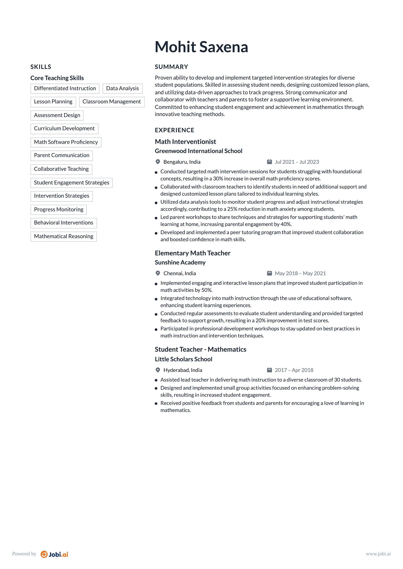 Elementary Teacher resume example — Math Interventionist