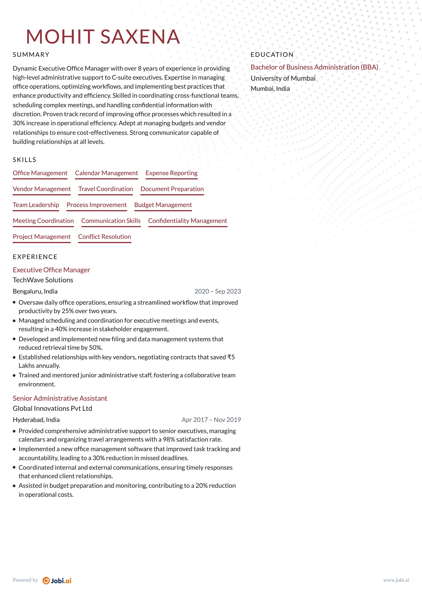 Executive Assistant resume example — Executive Office Manager